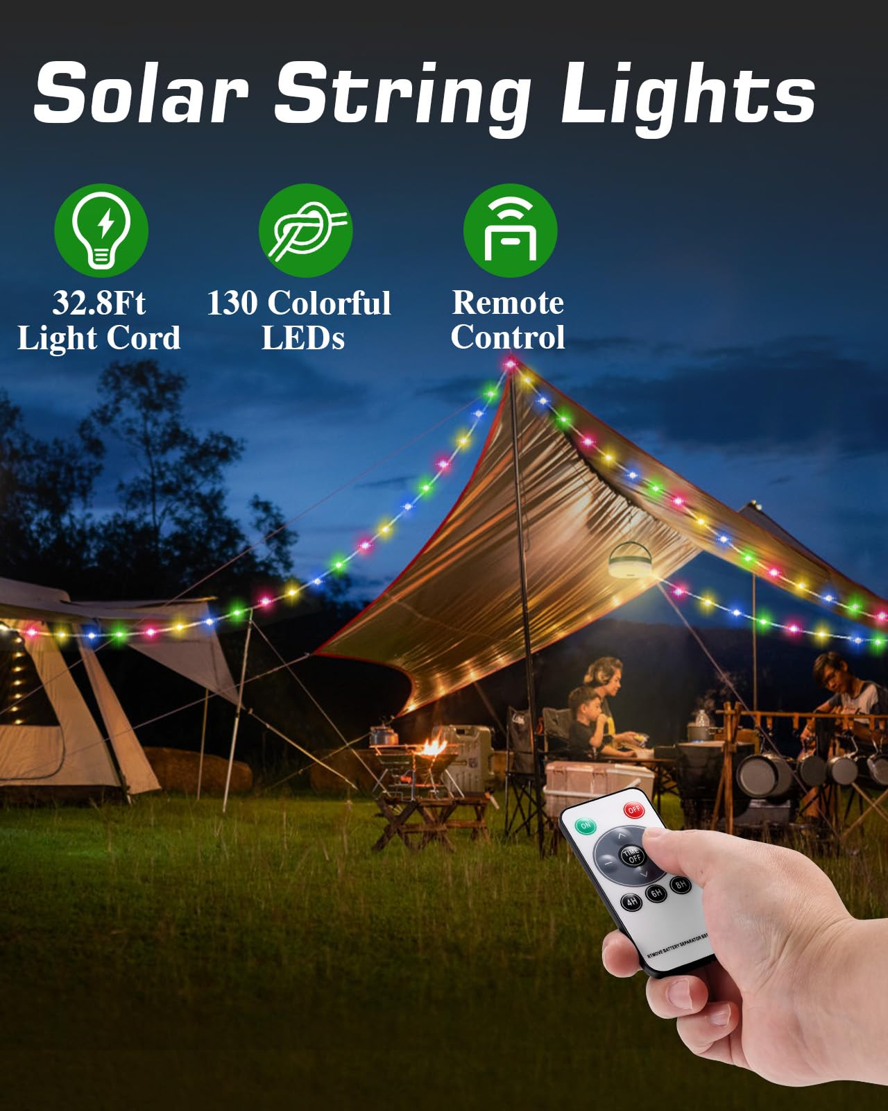 Anpro 4 in 1 Solar Camping String Lights, 32.8Ft Multi-Color LED, 3600mAh Solar Powered, USB Rechargeable, with Remote Control