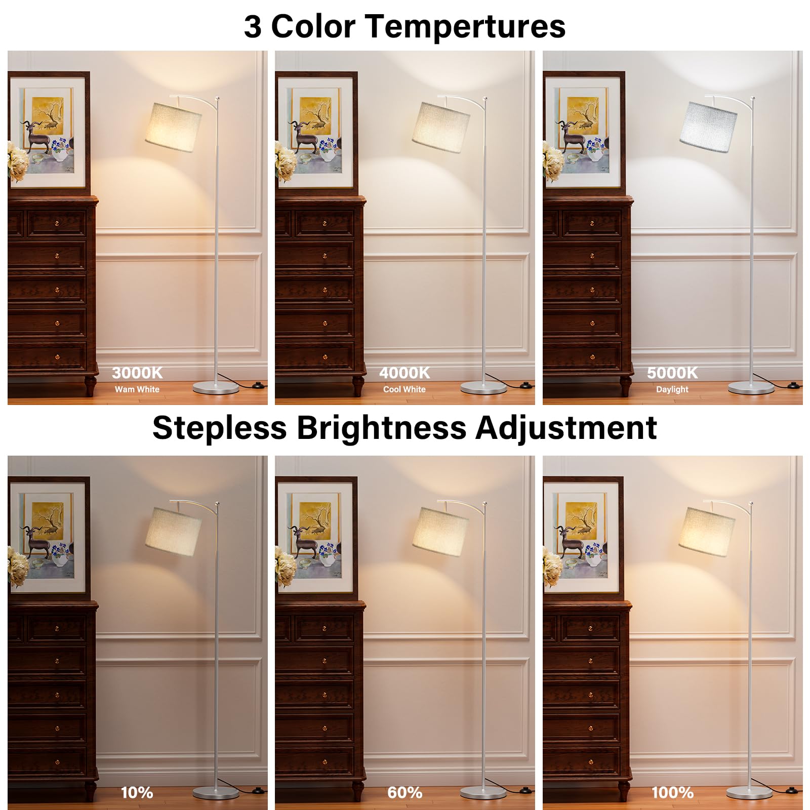 60'' Floor Lamps With Remote Control & Bulb, Colors Temperature & Brightness Adjustable, Deep Beige Shade & Black Pole