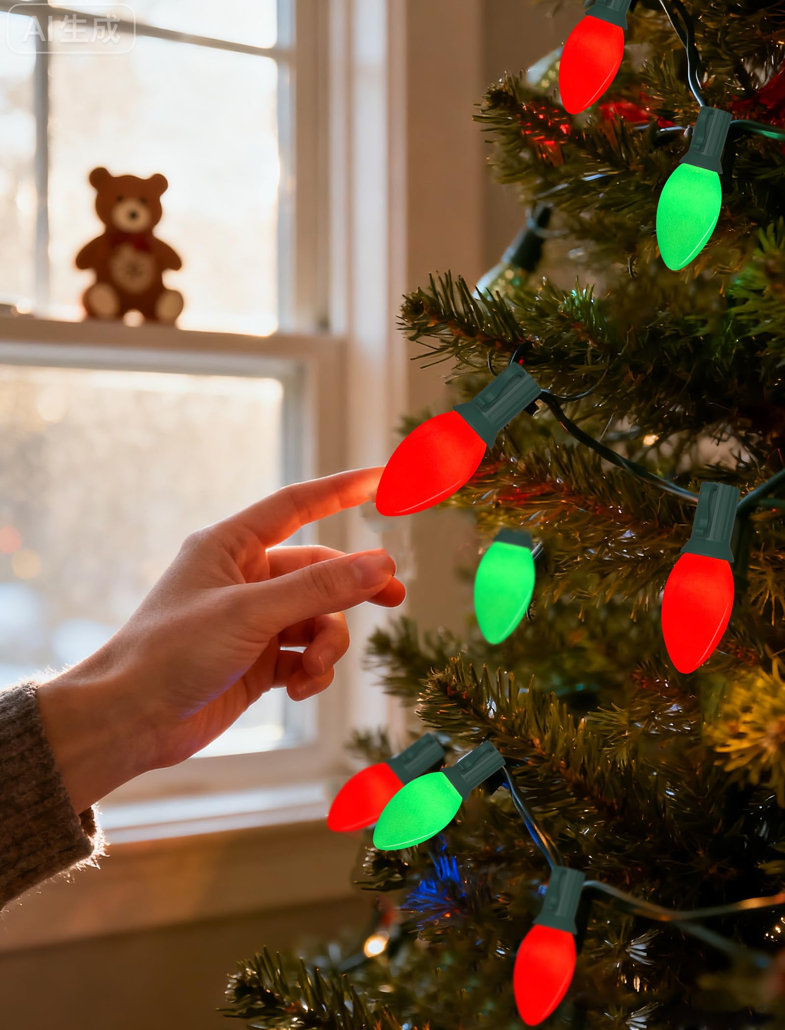 Sunsgne C9 Red And Green Christmas Lights  25Ft Glass Ceramics Christmas Tree Lights With 26 7W Red White Glass Bulbs(1 Spare) For Backyard Patio Balcony Xmas Decor  Green Wire