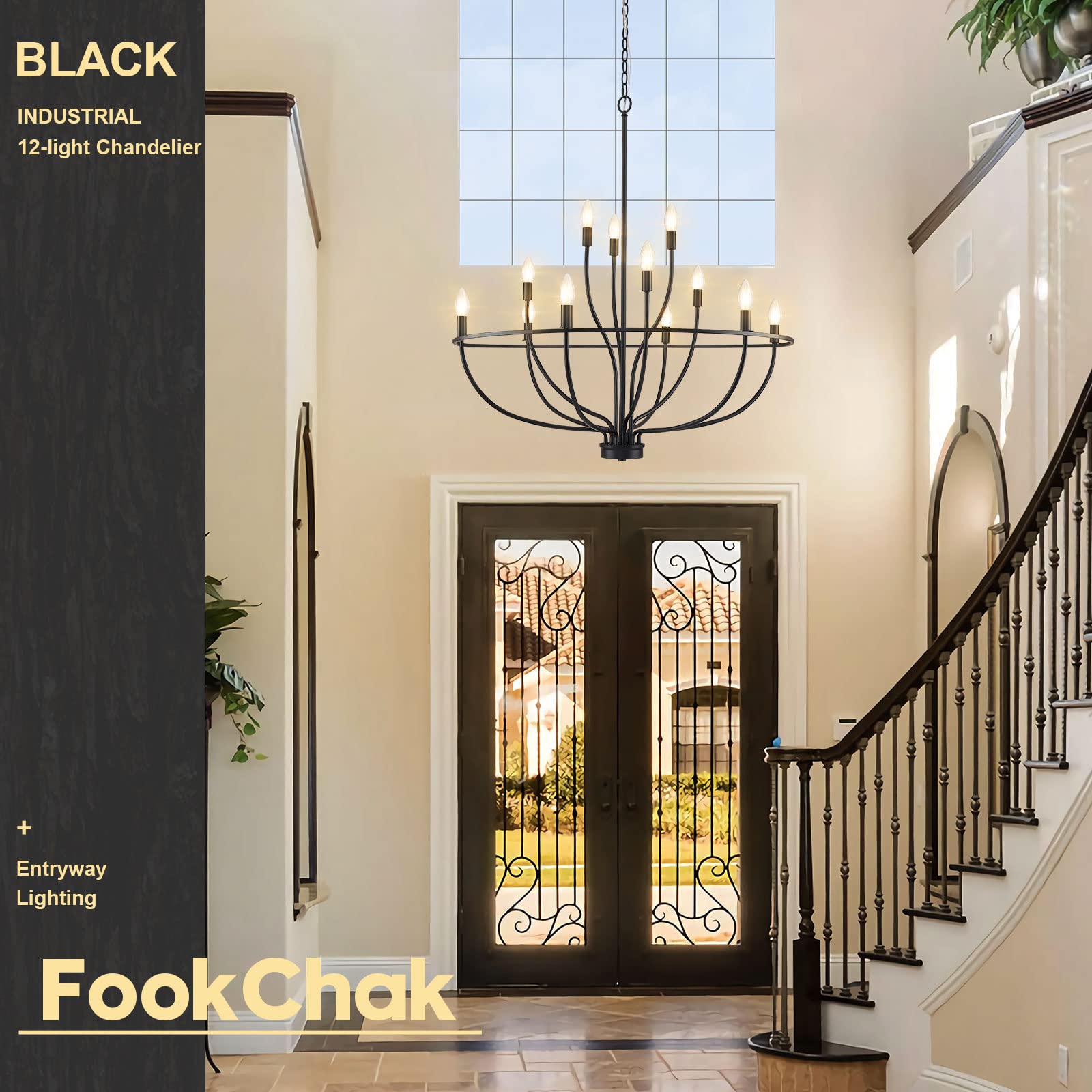 FookChak Black Chandelier 12-Light, 36in Modern Farmhouse Light Fixture for High Ceilings, Entryway, Dining Room, Metal Construction
