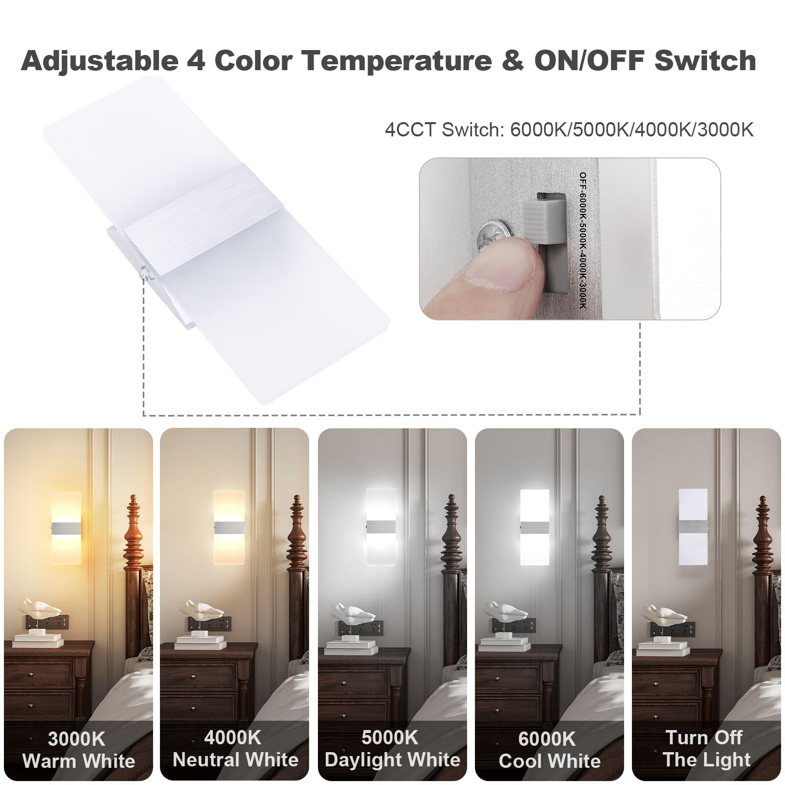TRLIFE Dimmable LED Wall Sconces, 12W Modern Wall Light Set of 2, Silver Brushed Aluminum, 4 Color Temperatures, Model YKL-MCT-Sil