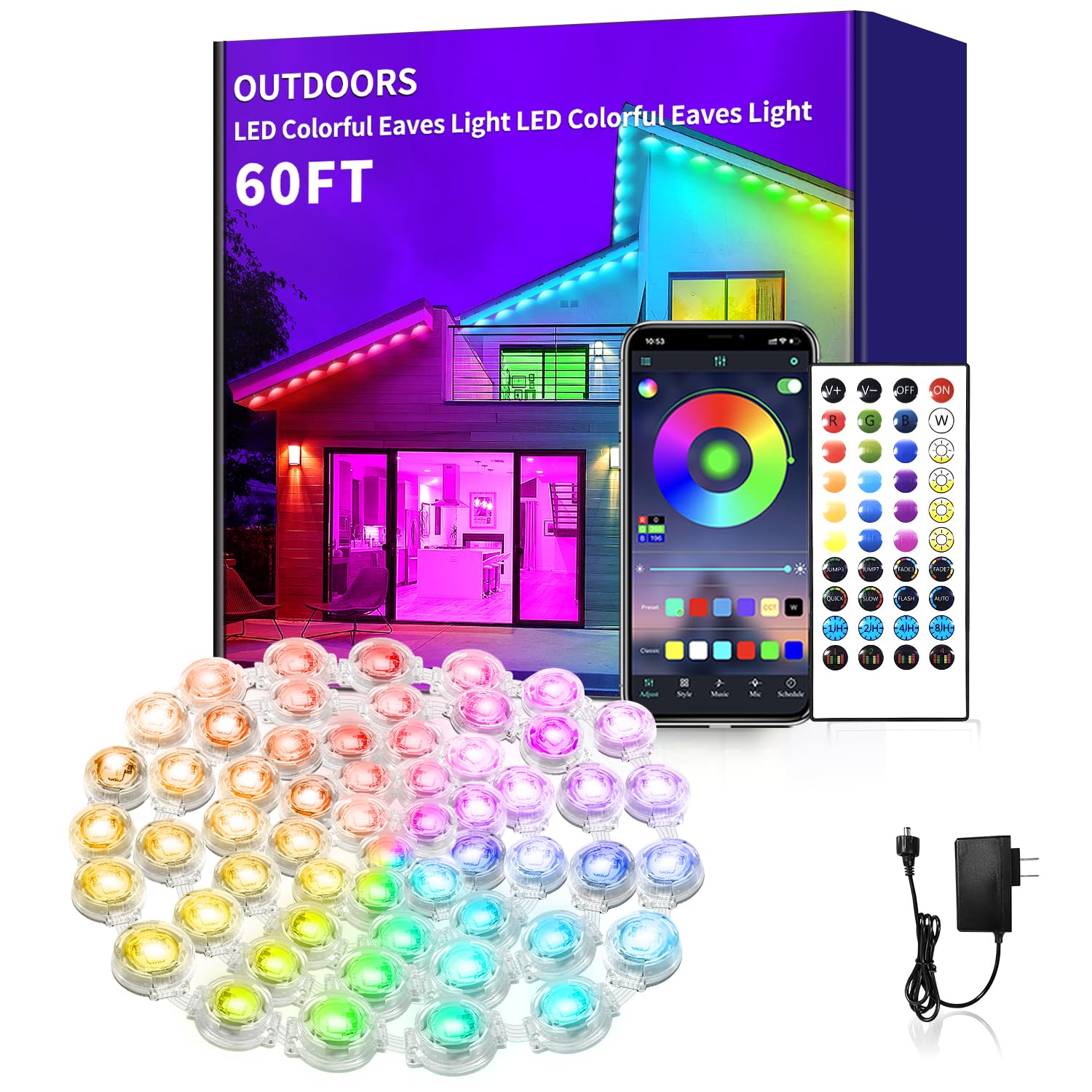 Yocrostar 60ft Permanent Outdoor Lights,RGB Eaves Lights with App Control Remote,DIY IP67 Waterproof Under Eave Lighting,Outside