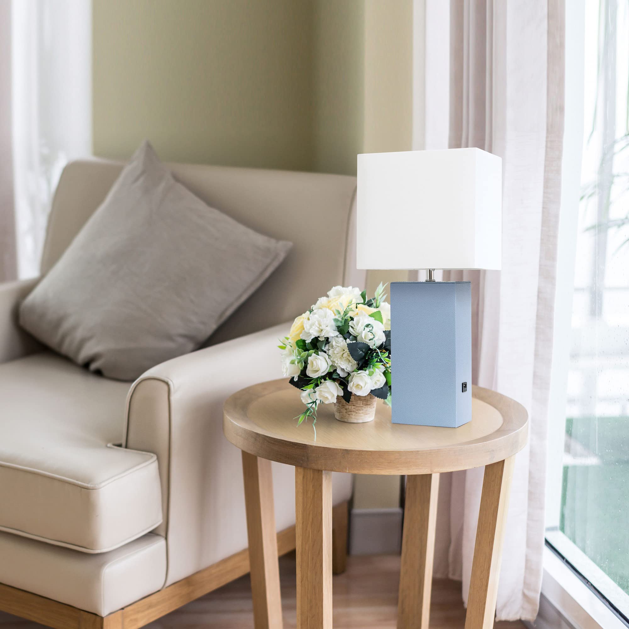 LALIA HOME Bedside Table Lamp with USB Charging, 21in, Leather Base, Periwinkle, Model LHT-3012