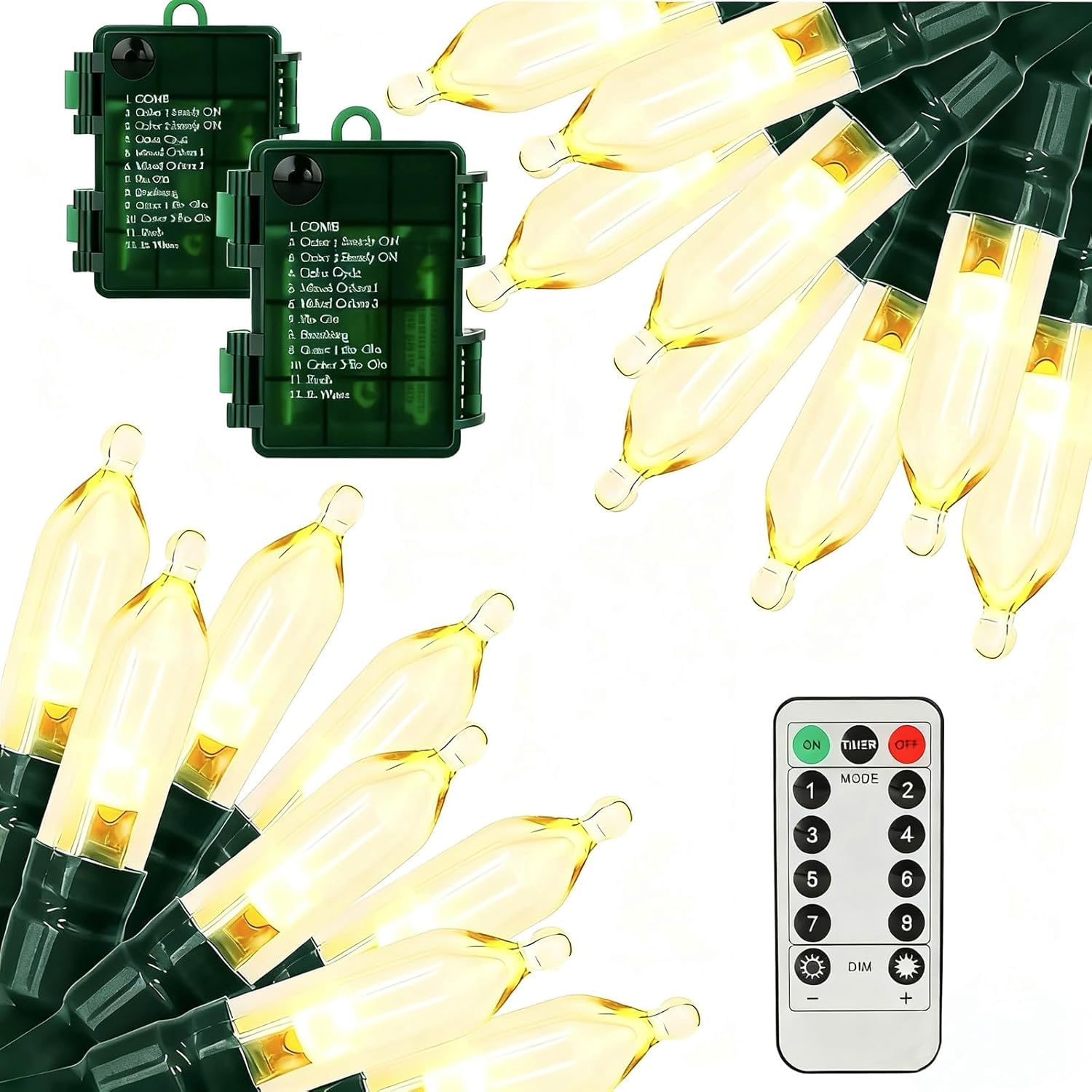 MZD8391 200 LED Christmas Lights, 66ft Battery String Lights, Waterproof, Warm White, Model QL300AE, 2 Pack, Timer & Memory Function