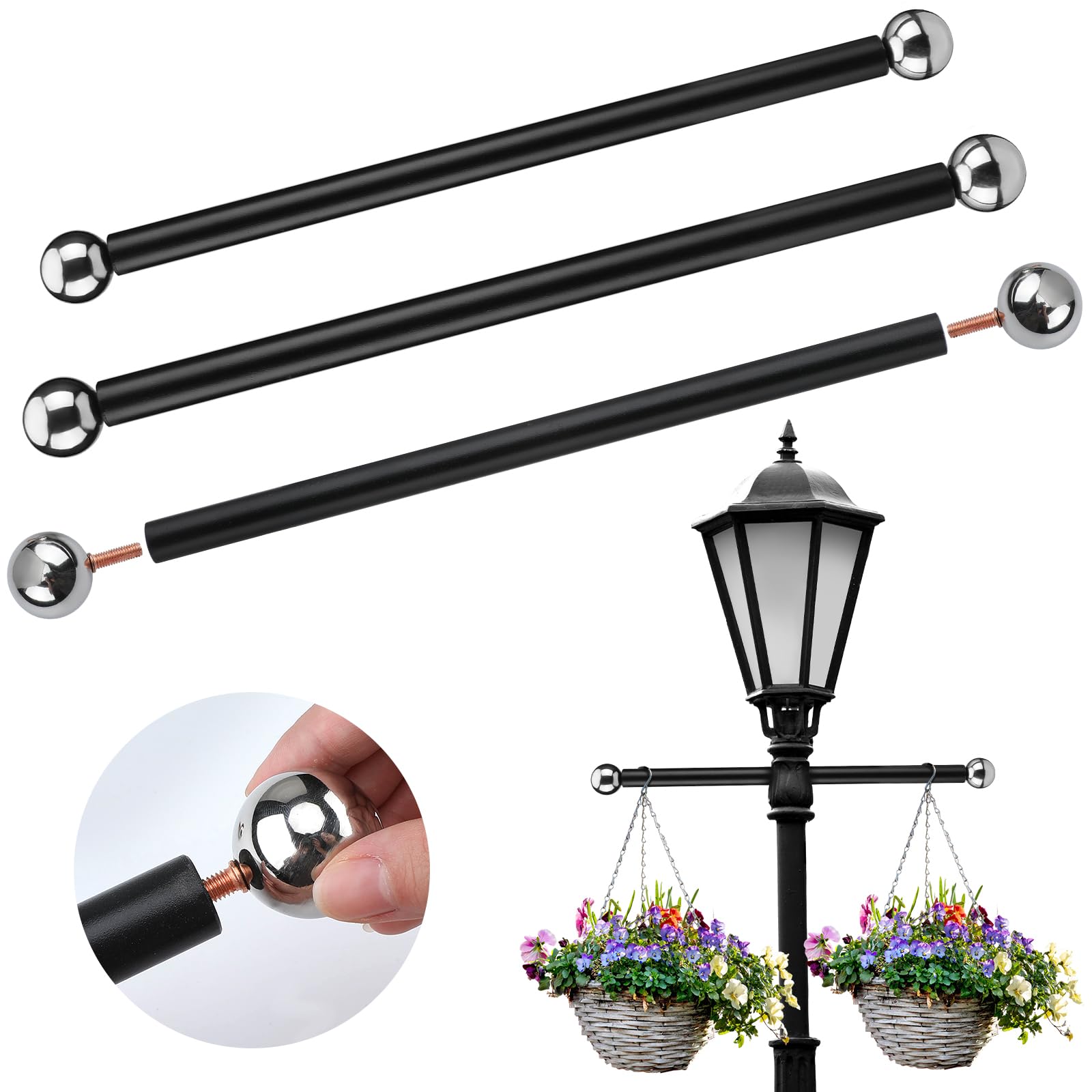 Yaocom Lamp Post Cross Arm Replacement, 16 Inch Steel with Brass Caps, Silver Ball, Model Yaocom-Cross Arm Ladder-42