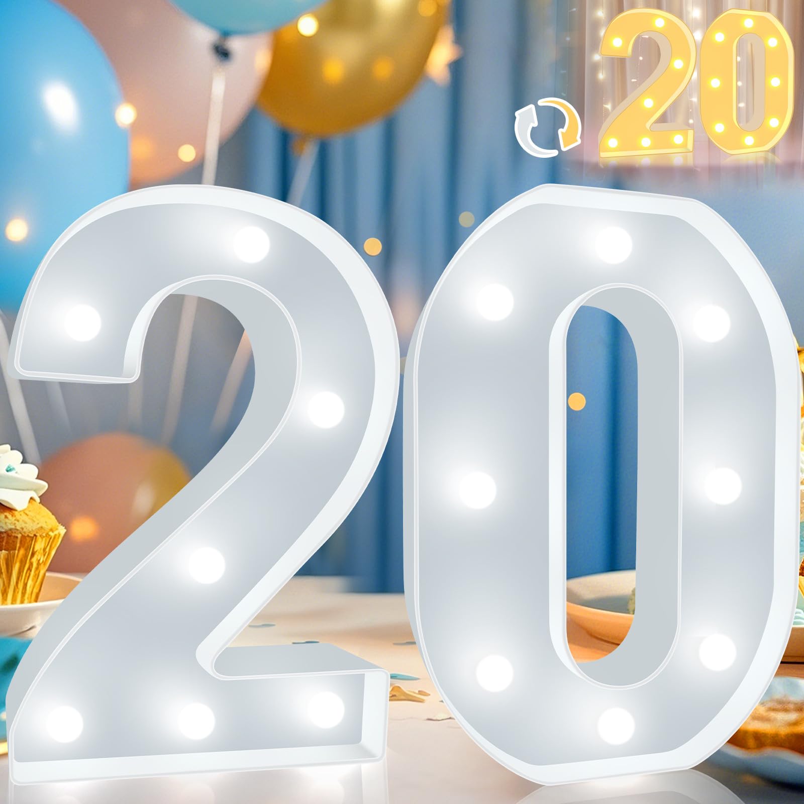 Pooqla LED Number 20 Sign for Birthday Decoration, Warm White & Cool White, Plastic, Model DENC-BP-01