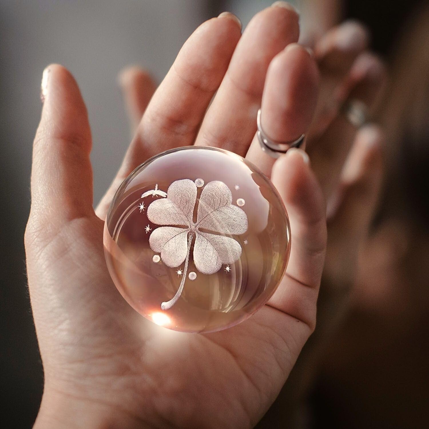 Flexzion 3D Clover Crystal Ball Night Light - Led Light Hologram Glass Lamp With Solid Wood Base  Usb Powered Crystal Ball Lamp With Adjustable Brightness For Home Decor Display Gift  2.4Inch(60Mm)