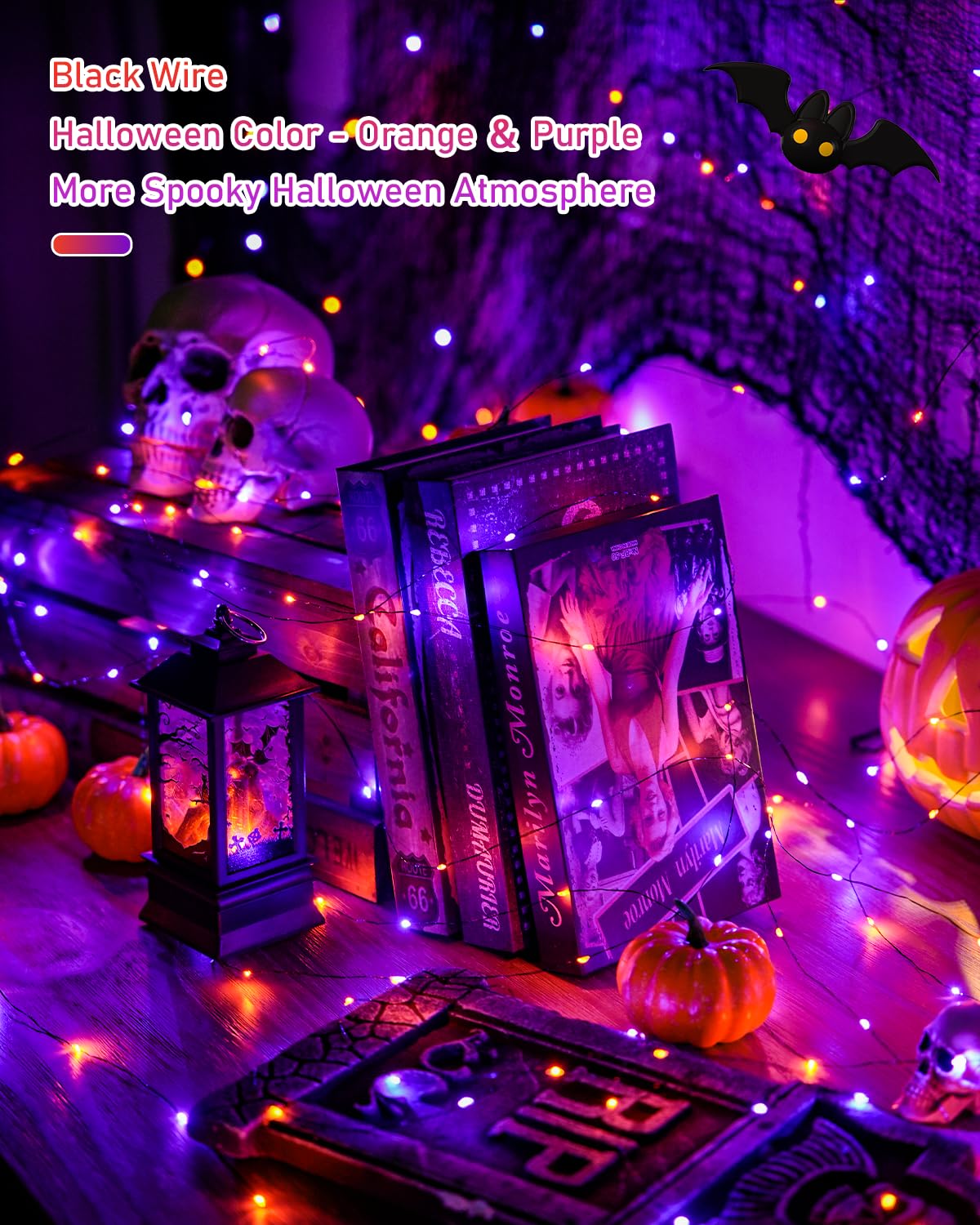 JMEXSUSS Solar Halloween String Lights, 2 Pack 33FT 100 LED, Orange to Purple, 8 Modes for Outdoor Decorations