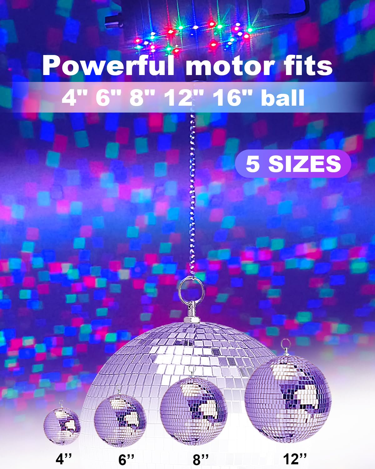 Palujorty Disco Ball Motor with Remote, 5-9 RPM, 24 LED Lights, USB/Battery Powered, Multicolor for 4in-12in Balls