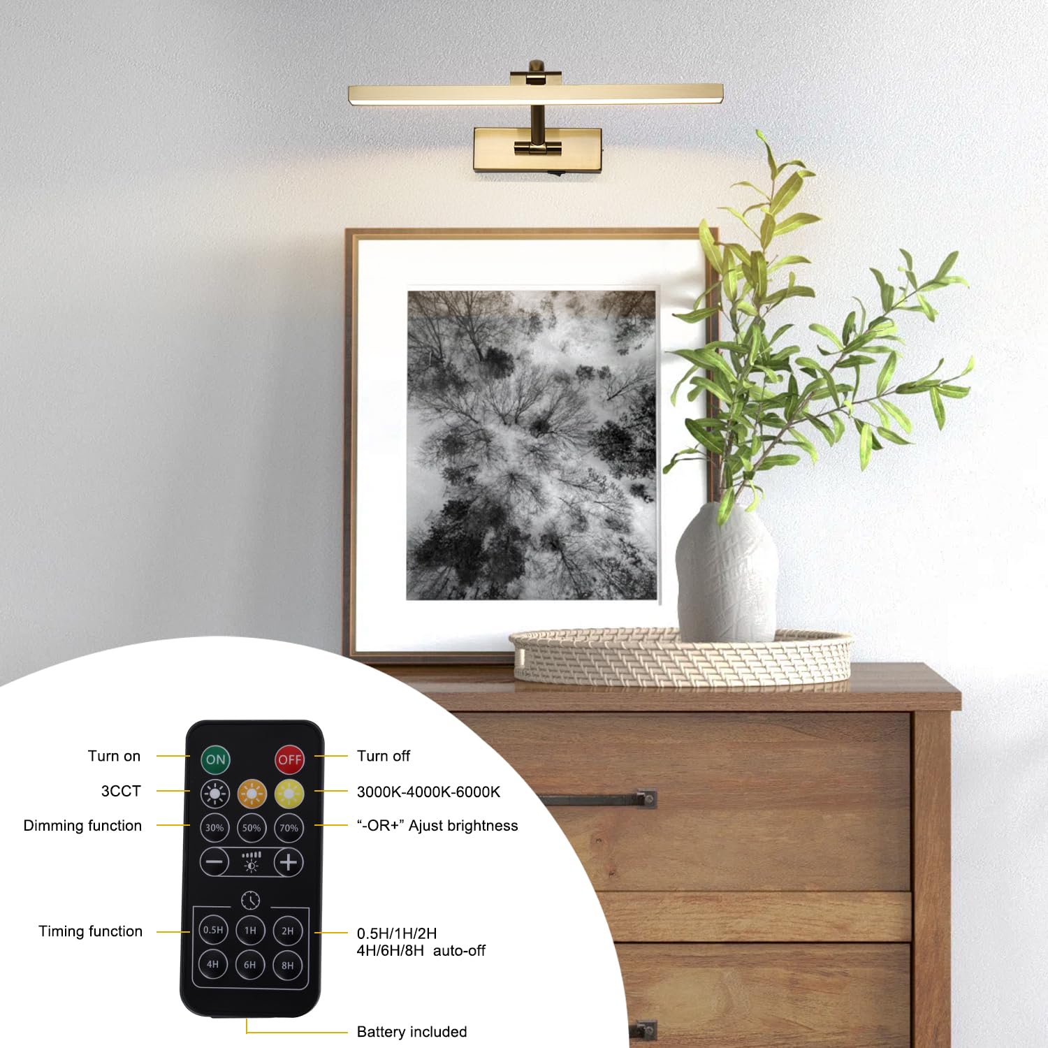 Wireless Picture Lights With Remote And Timer Brass Gallery Lighting Rechargeable Wireless Art Lights 3Cct Dimmable discomfort-reducingting Lights Battery Operated Wall Lights For Portrait Artwork Display 3W 16