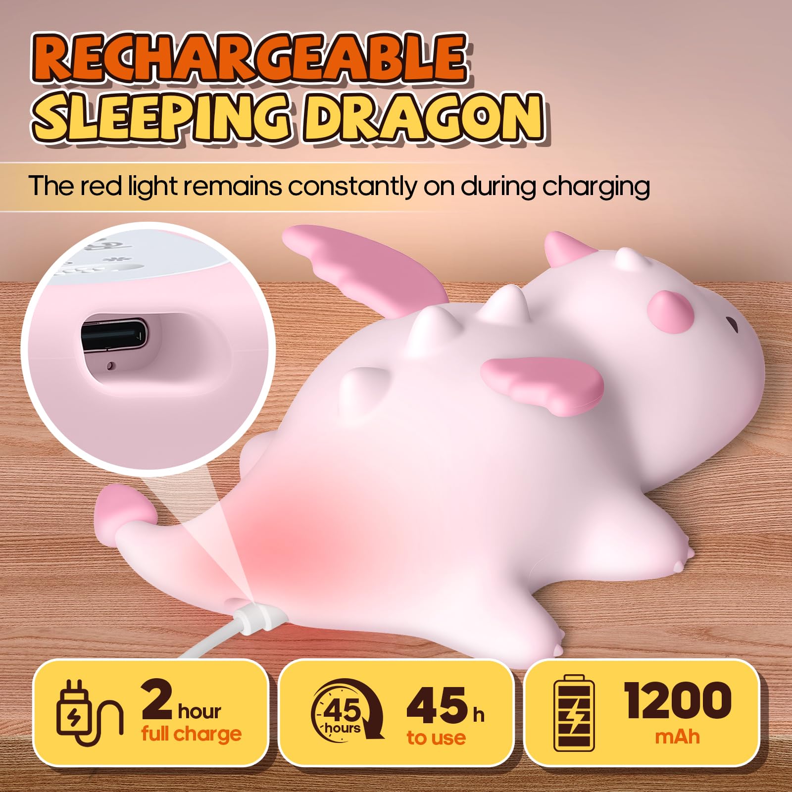 Gusweet Cute Dragon Night Light, Dimmable Silicone Lamp, 7 Colors, Rechargeable, Pink, Model: Axolotl