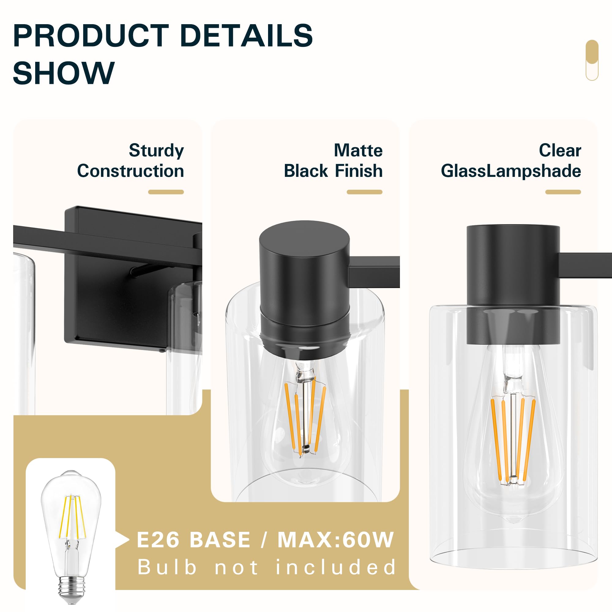 Esfos 3-Light Matte Black Wall Sconces, Modern Glass Vanity Light Fixtures for Bathroom, Living Room, Hallway