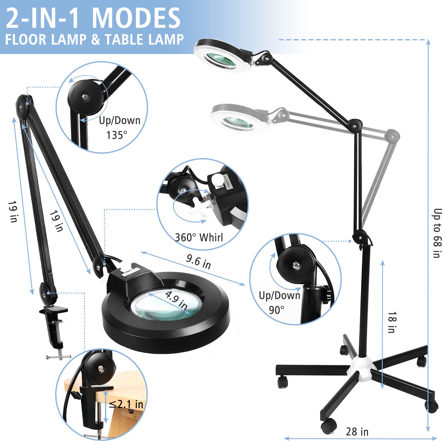 LANCOSC 8X Magnifying Glass with Light, 1,500 Lumens Dimmable LED, Black, Model FL-BH, Ideal for Estheticians and Crafts