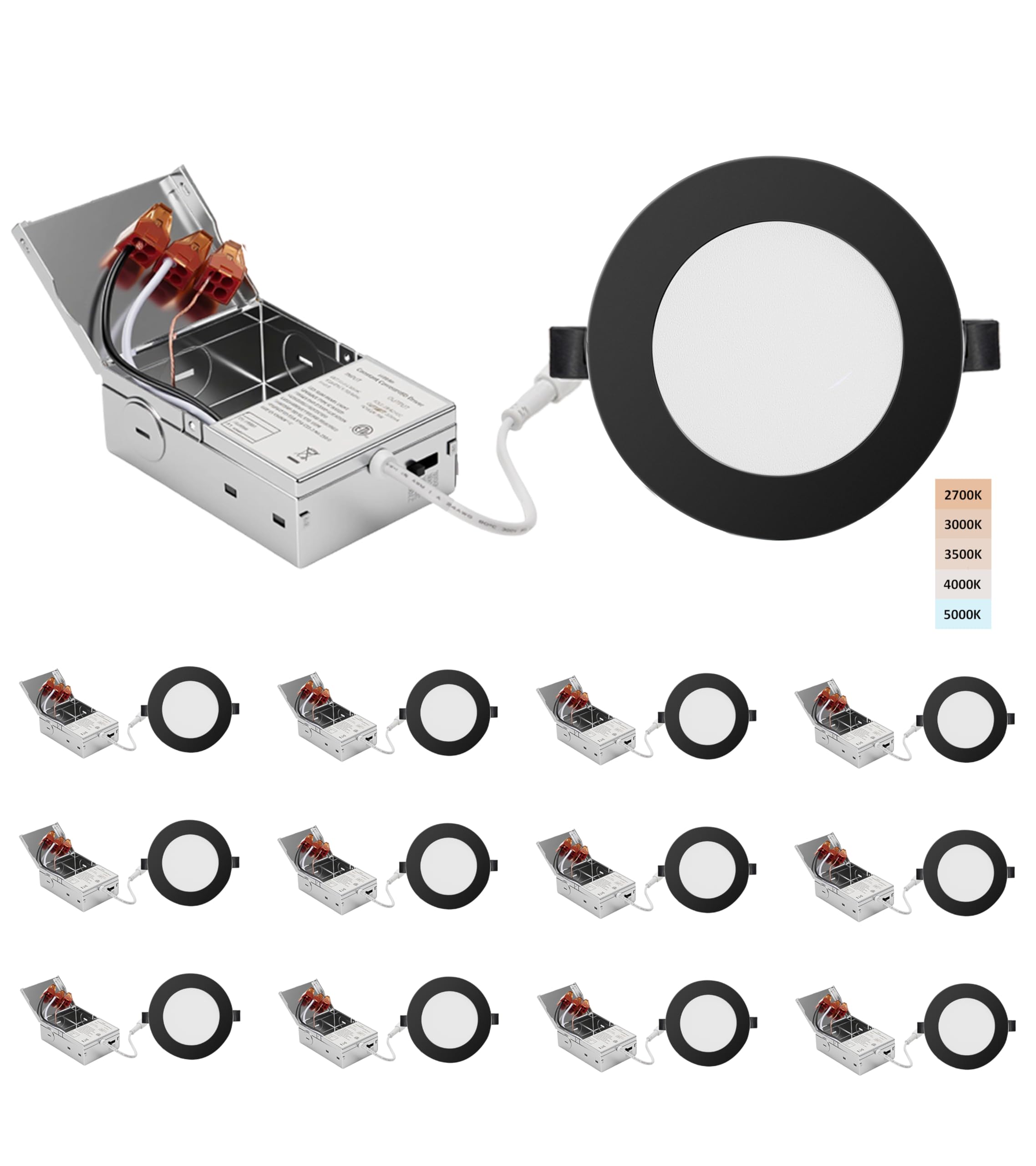 POPANU 4-inch LED Recessed Lights - Slim Recessed Ceiling Light with Junction Box, 9W 5CCT Selectable Canless Lighting fixture, 