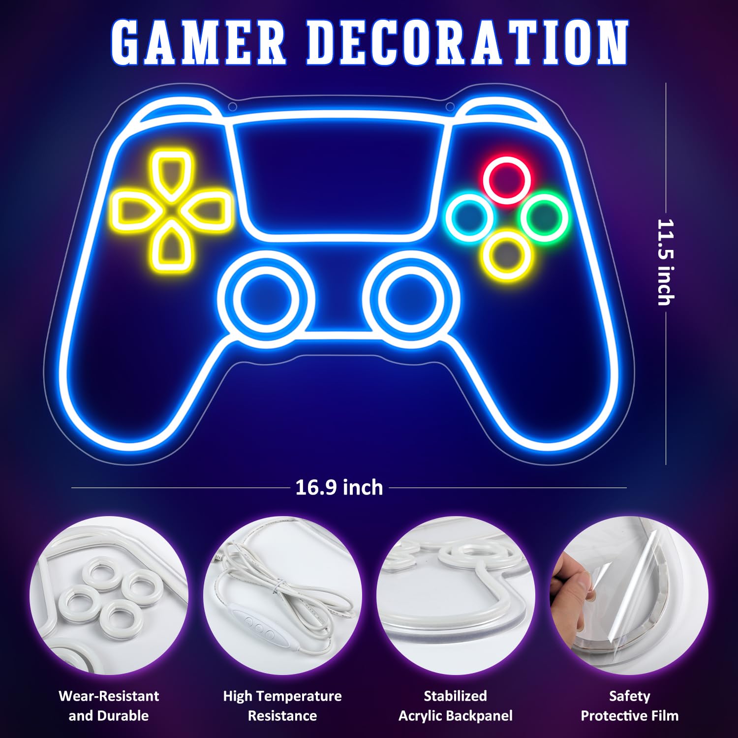 spxkd Gamer Neon Sign LED Wall Decor Gamepad Shape 16.9in x 11.5in Black Model HTT-645A