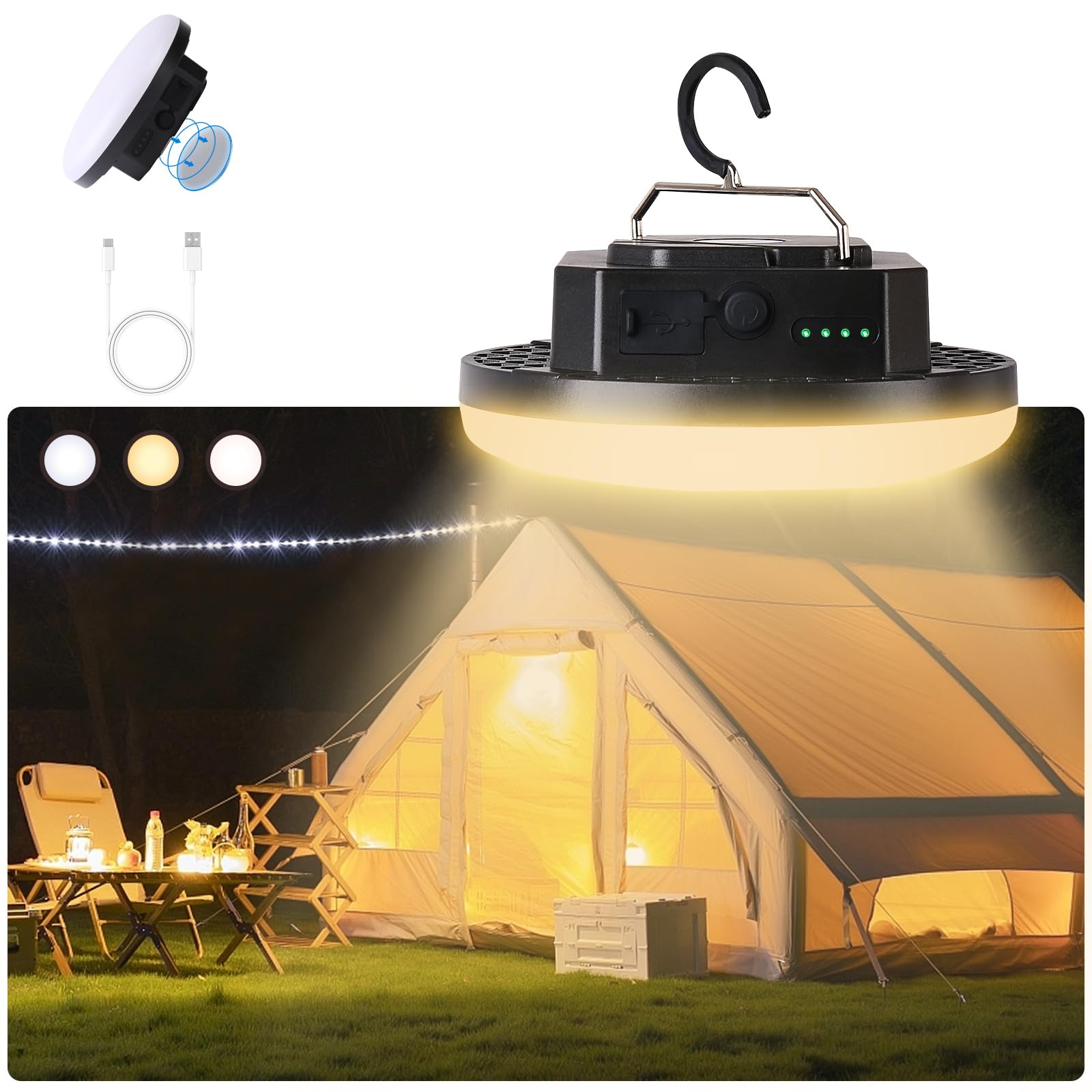 Amkulop Camping Pop up Tent Light for Hanging, LED Rechargeable Portable Overhead Lantern for Vendor Booths, 3 Modes Waterproof