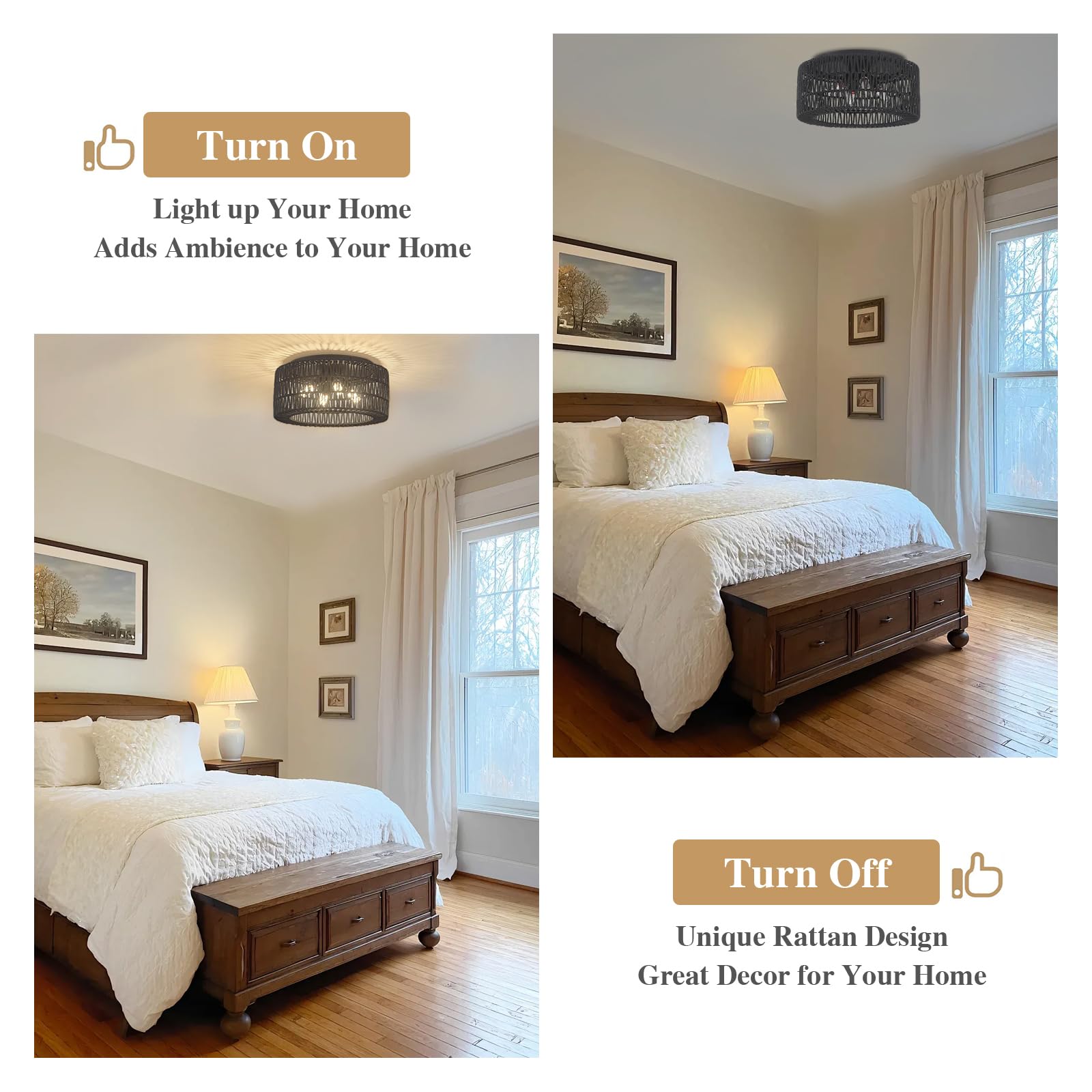 ABEAJAT Rattan Flush Mount Ceiling Light, 4-Lights Boho Chandelier, 18in  Black Hand-Woven Shade, Model ABEAJAT-001