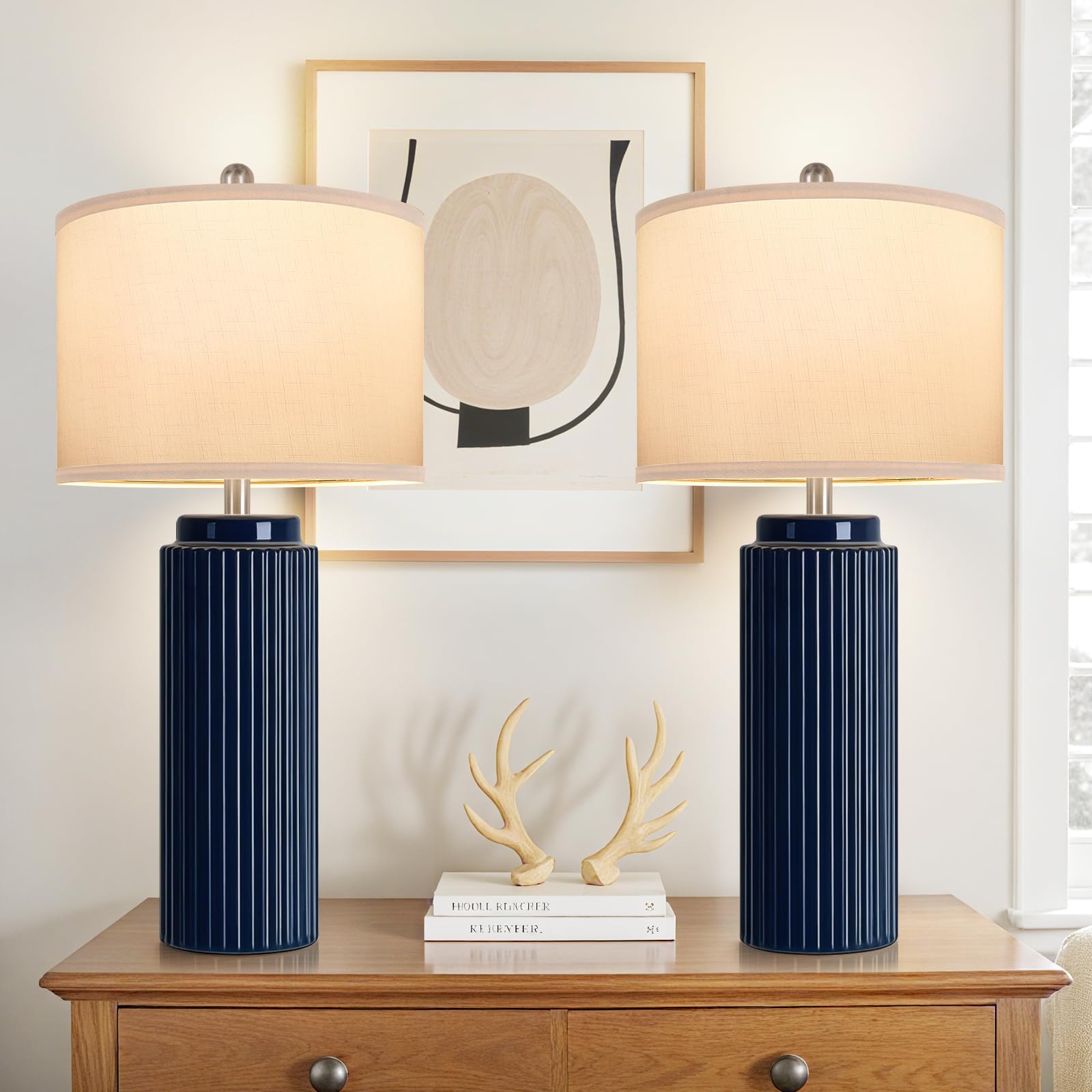 28 Modern Ceramic Table Lamps for Living Room Set of 2  Tall Farmhouse Bedside Lamps with Linen Shade  Dark Blue Rustic Nightstand Lamps for Bedroom  Vintage End Table Lamps for Office Hallway