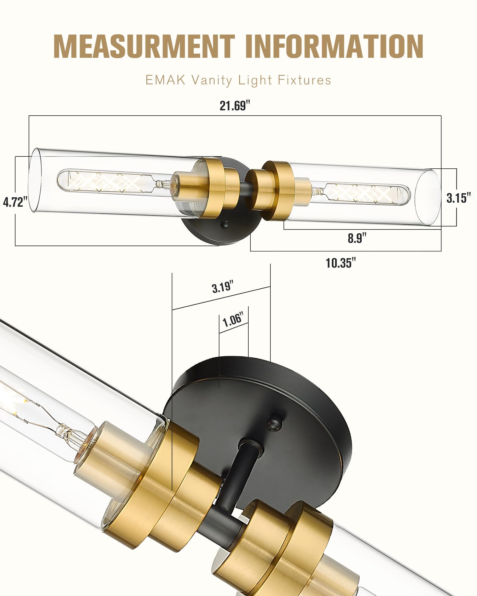 Emak Black And Gold Vanity Lights For Mirror, Modern 22 Inch Bathroom Light Fixtures With Clear Glass Shade, 2-Light Cylinder Wa