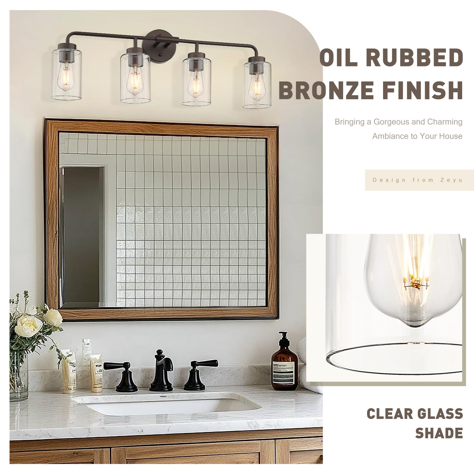 Zeyu Oil Rubbed Bronze Bathroom Vanity Light  4-Lights Bathroom Light Fixtures Over Mirror With Clear Glass Shade  30.6 Inch Wall Sconce Lighting Bath  Zs62B-4W Orb