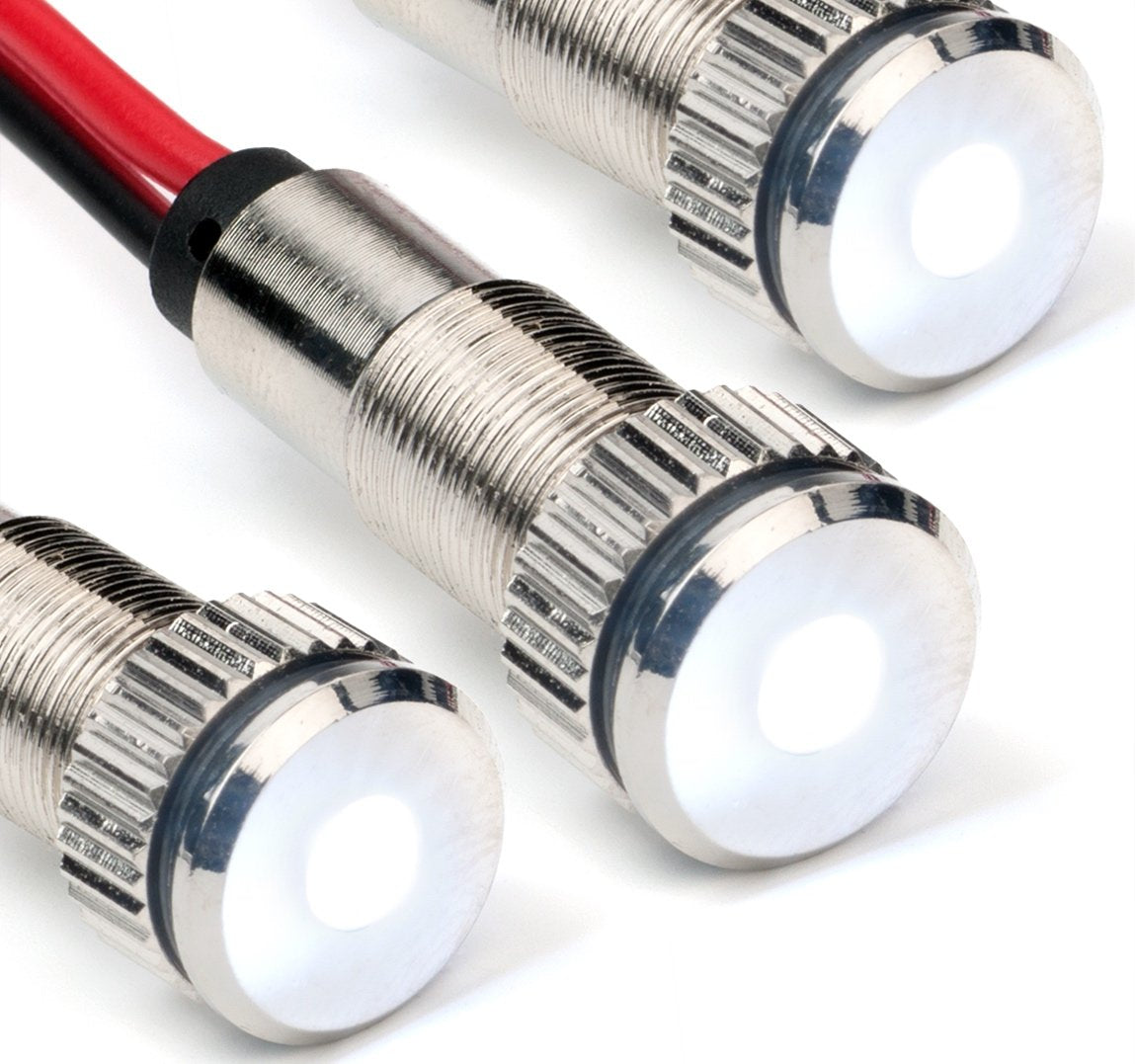 Oznium 3 Pack Of Plug-N-Play Instrument Cluster Led Indicator Light Dash Bulbs. Aluminum Pilot Lights. Acrylic Lens. Flush Panel Mount 5/16&quot; 8Mm 12V For Speedometer Odometer (Silver Bezel, White Led)