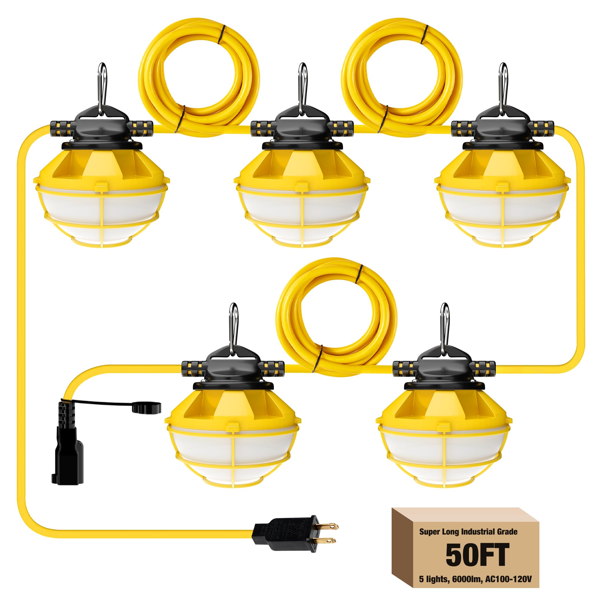 G Gjia 50Ft Construction String Lights With Protective Cage, Ip65 Waterproof Led String Work Lights, 5000K Daylight 18Awg Wire Linkable Temporary Construction Lighting For Jobsite With 5 Bulbs & Hooks