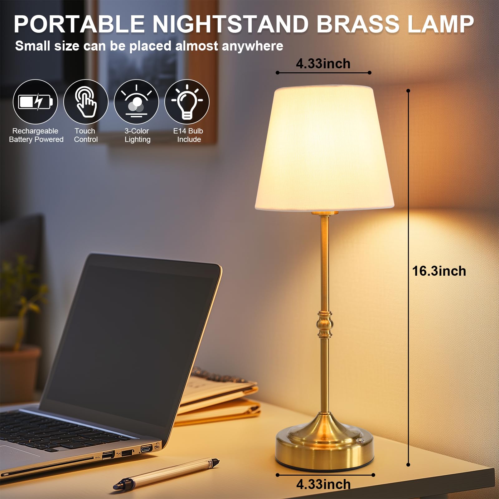 Swinerton Rechargeable Cordless Table Lamp, Wireless 3-Level Dimmable, 16.3 inch, Gold, Model 80009810
