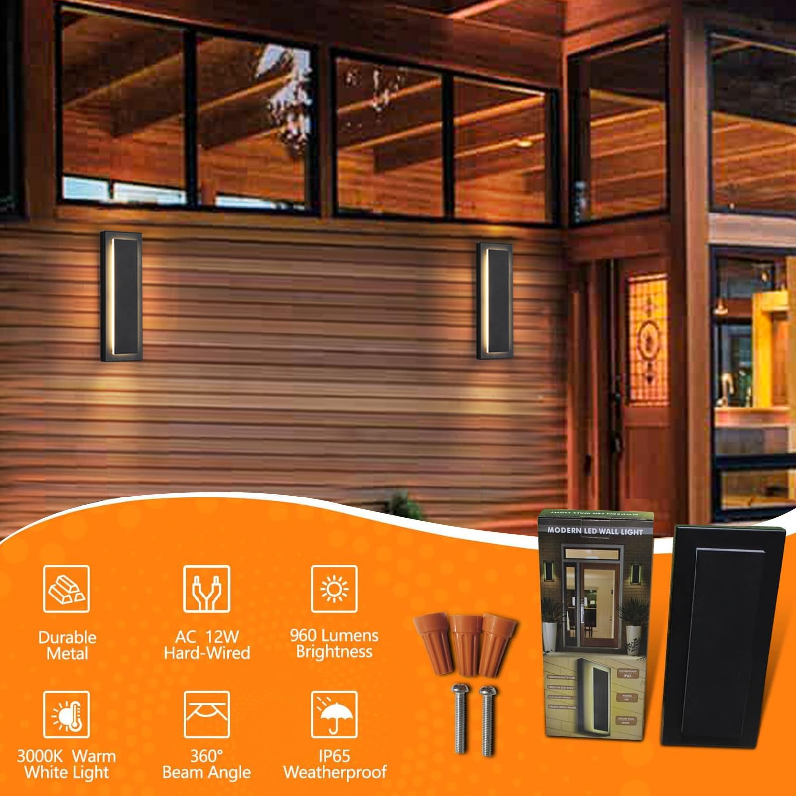 Zsmaiku 1 Pack Waterproof Outdoor Wall Light, 3000K Warm White, 960Lm, Black, Modern Design