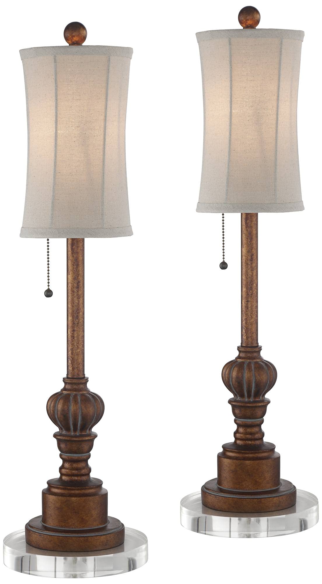 Regency Hill Bertie Rustic Traditional Buffet Table Lamps 28'' Tall Skinny Set of 2 with Round Risers Brown Fabric Drum Shade fo
