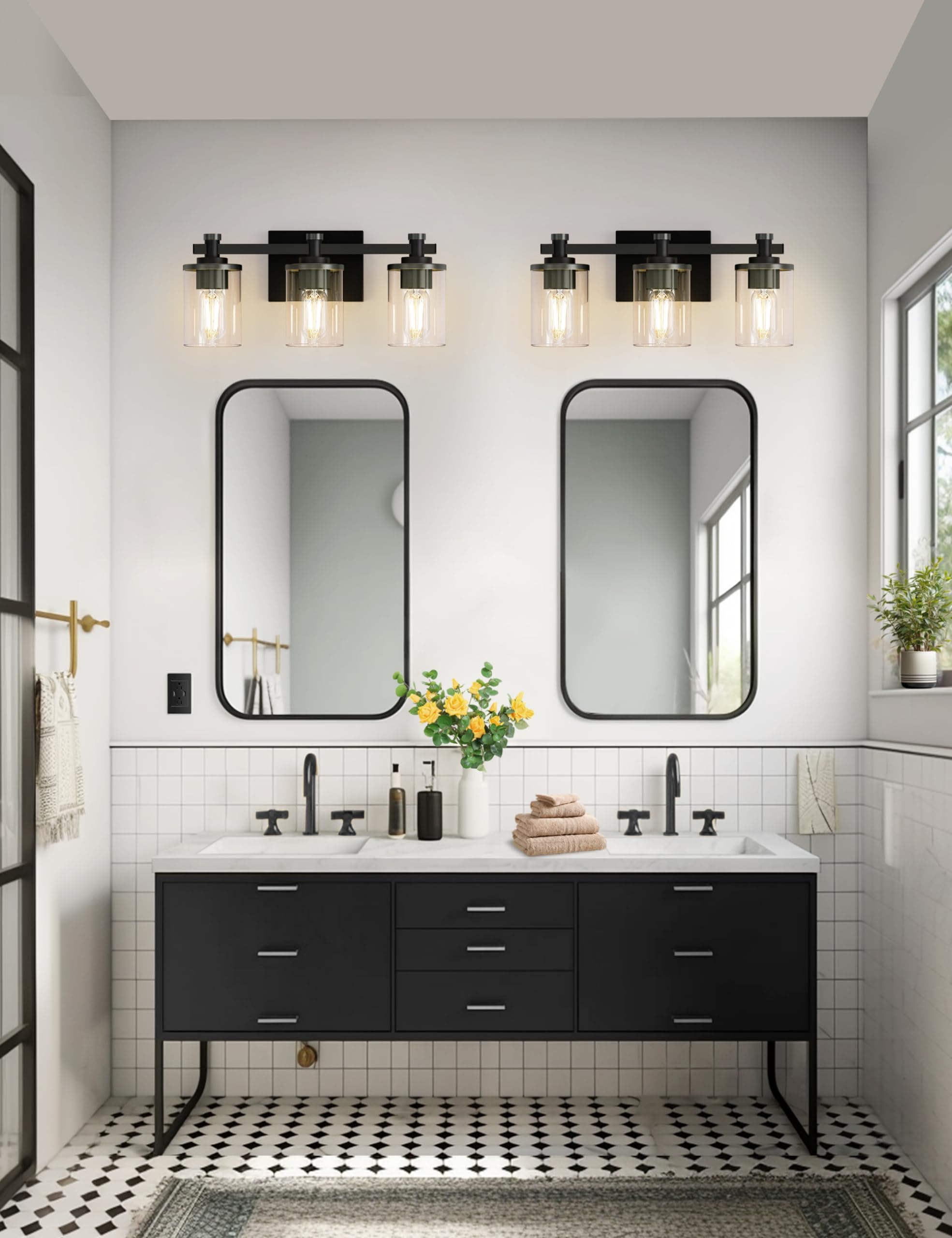 L LOHAS LED Bathroom Vanity Light Fixture, 3-Lights, Black, Glass Shade, Model A-JQD06T3BLE26, Modern Design for Mirror or Hallway