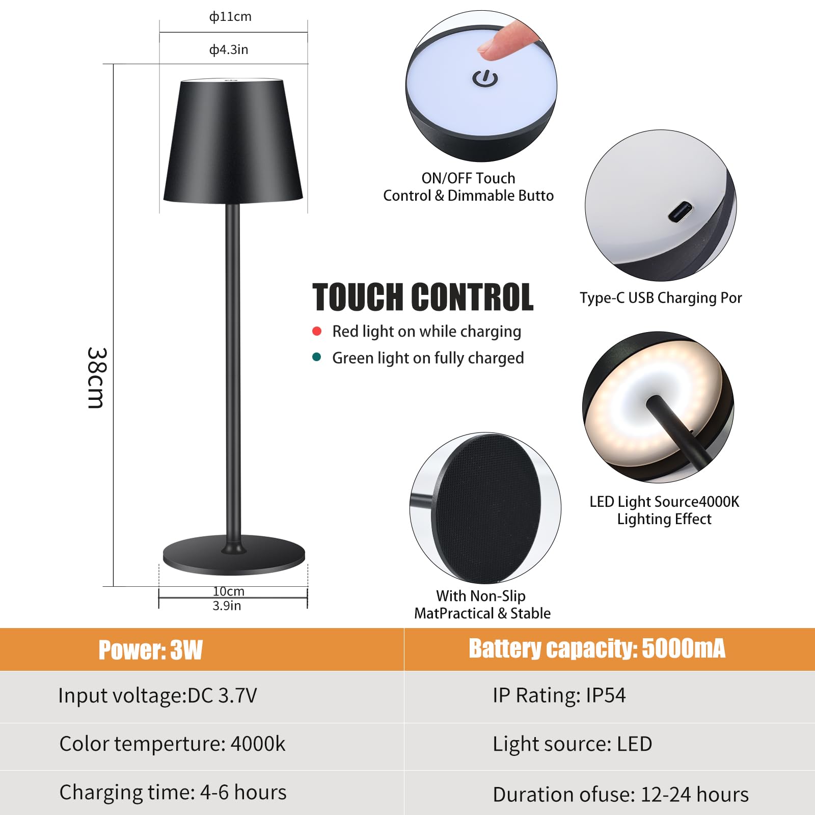 IMQSQIK Cordless Table Lamp, 5000mAh Rechargeable LED, 3 Color Modes, Black, Model CL-2pblack