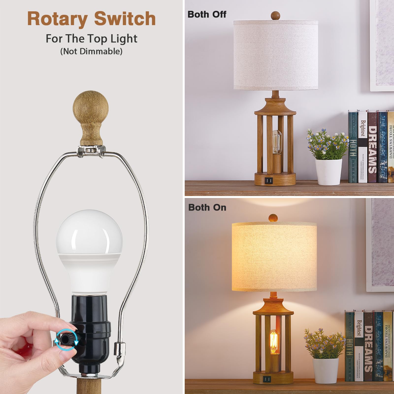 Ruzectt Touch Control Table Lamp Set of 2, 3-Way Dimmable, USB Ports, Rustic Design, Large, Wood, Model TD-RZ-148