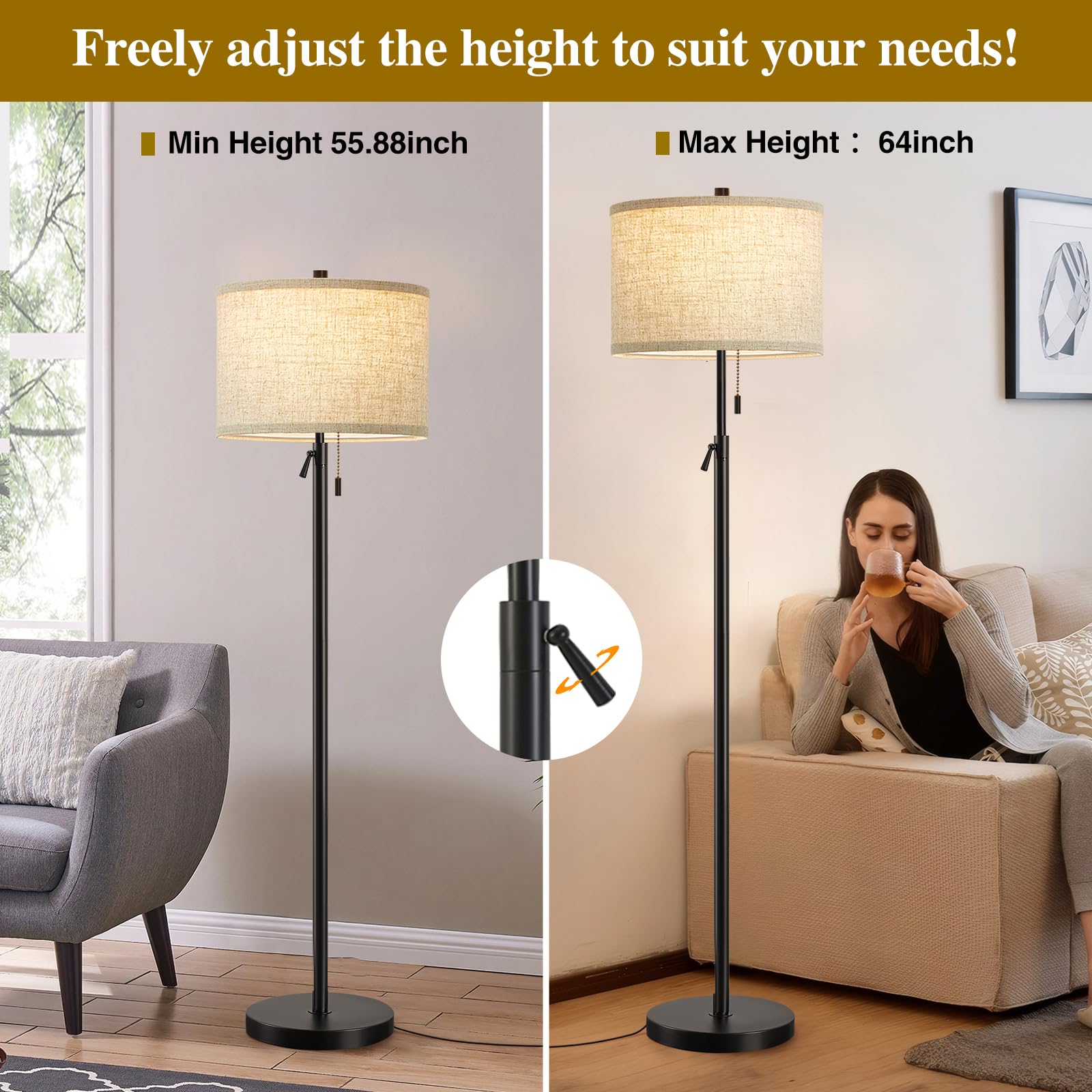 Gyrovu Black Floor Lamp, Height Adjustable Standing Lamp Tall Lamp With Fabric Lampshade&Pull Chain Corner Floor Lamps For Livin