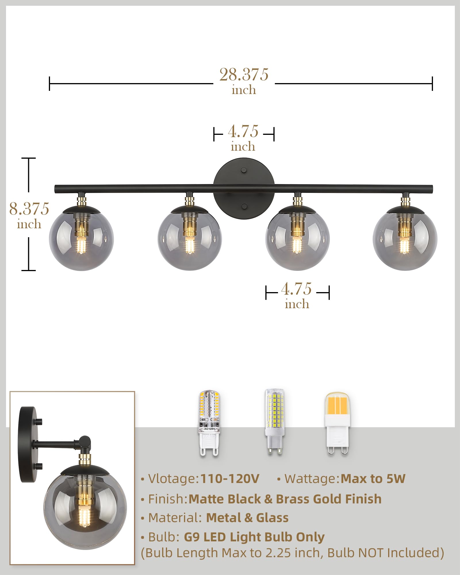 Lms 4-Light Matte Black Vanity Light, Modern Bathroom Lighting Over Mirror, Black And Brass Gold Finish With Globe Glass Shade,