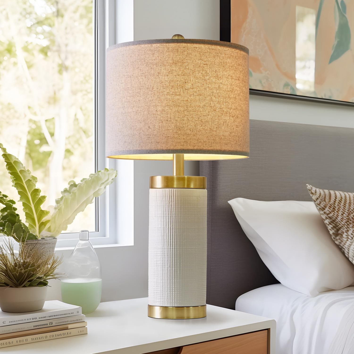 Usumkky 24.5" Modern Ceramic White Single Bedside Lamp For Bedroom Decor Farmhouse Table Lamp For Living Room Office Dorm