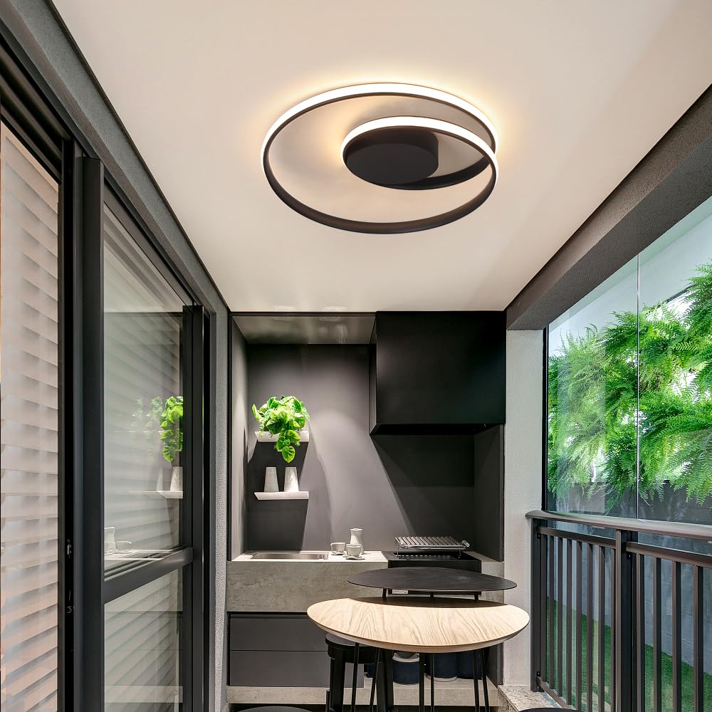 Kaniker LED Flush Mount Ceiling Light, Dimmable, 18in Round, Metal, Black-2, Remote Control, Model b9643578-5b3d-4f98-