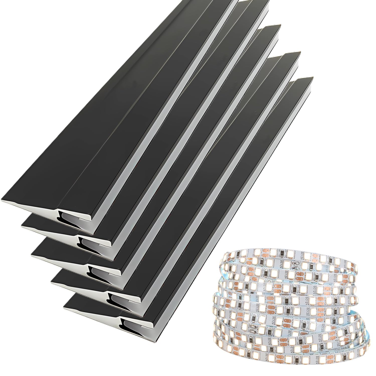 JARBIH 5Pack 1M/3.3ft Ultra-Thin Led Aluminum Profile, 45° Oblique Lighting Cabinet LED Lamp, Invisible H7mm Surface Mounted Wardrobe Layer Shelf Panel Hard Bar Strip Light Channel System(Black)