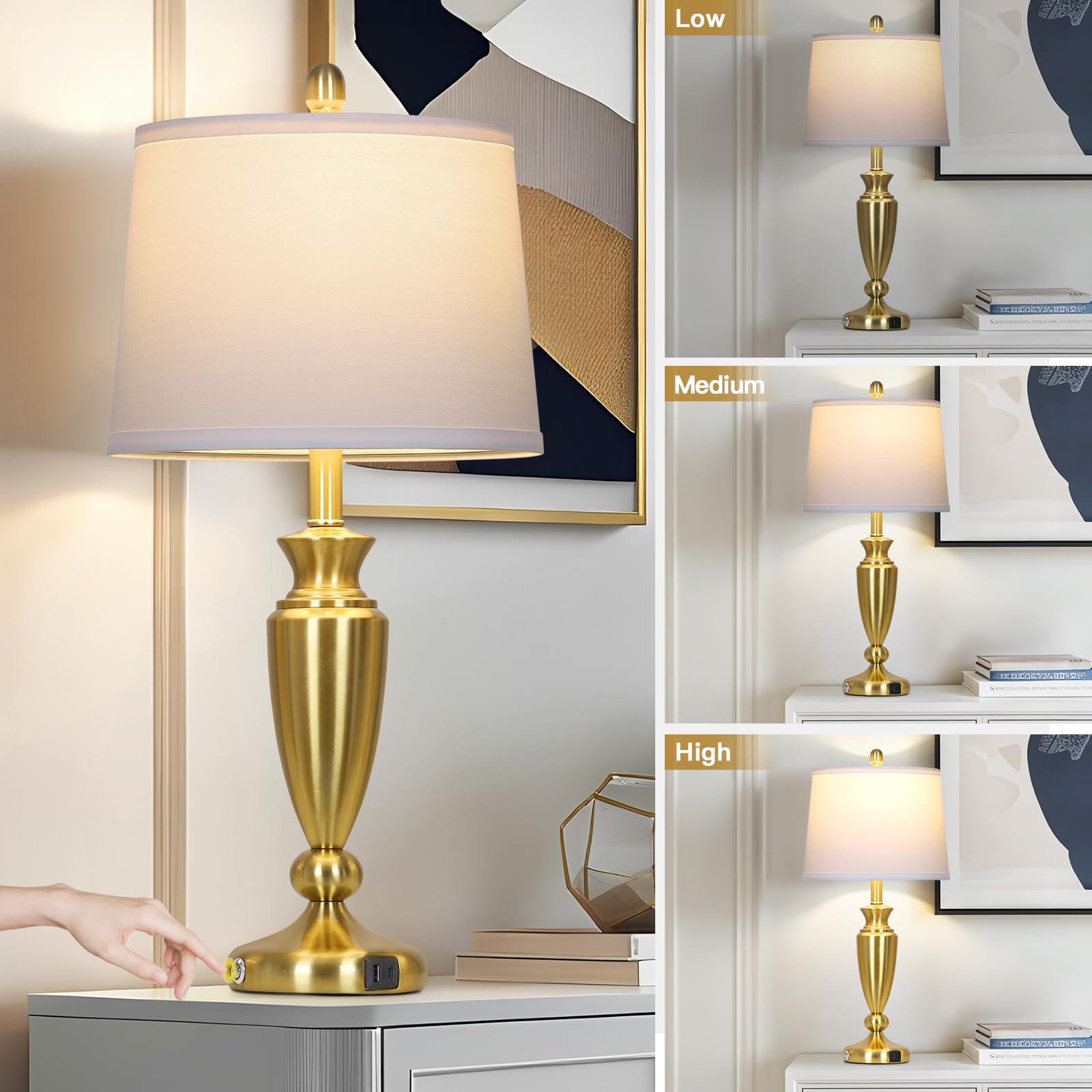 Rinweey 27'' Gold Table Lamps For Living Room, 3 Way Touch Control Bedside Lamps Set Of 2 With Usb A+C Ports, Modern Metal Night
