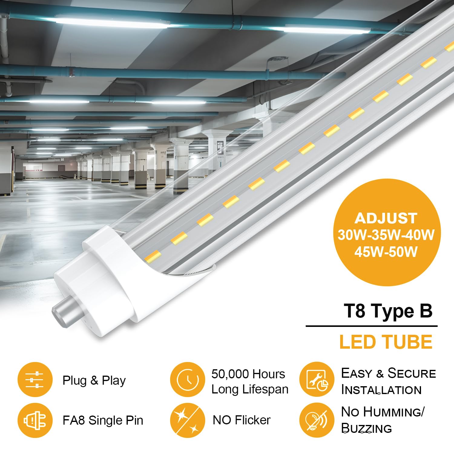 Etl Listed 8Ft T8/T12 Led Bulbs 8 Foot, 5 Power(30W-50W)& 6Cct(3000K-6500K) All In 1, Plug & Play Or Ballast Bypass,T8 Fluoresce
