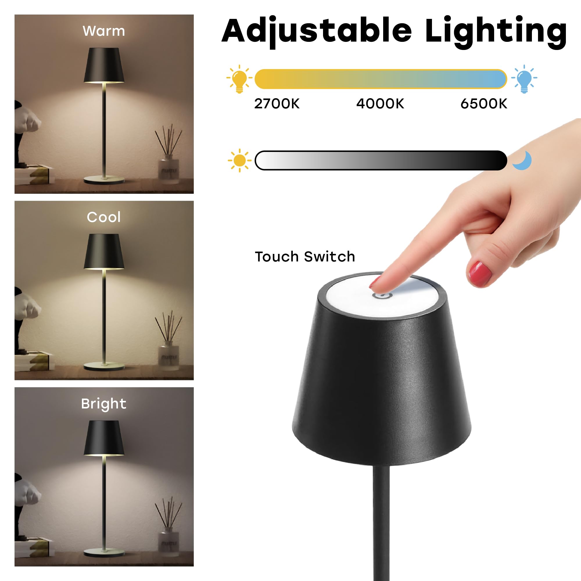 CASABOLA Cordless Table Lamp, 5200mAh Battery, 3 Color Dimming, 4.5inD x 4.2inW x 15inH, Black, Model BSD