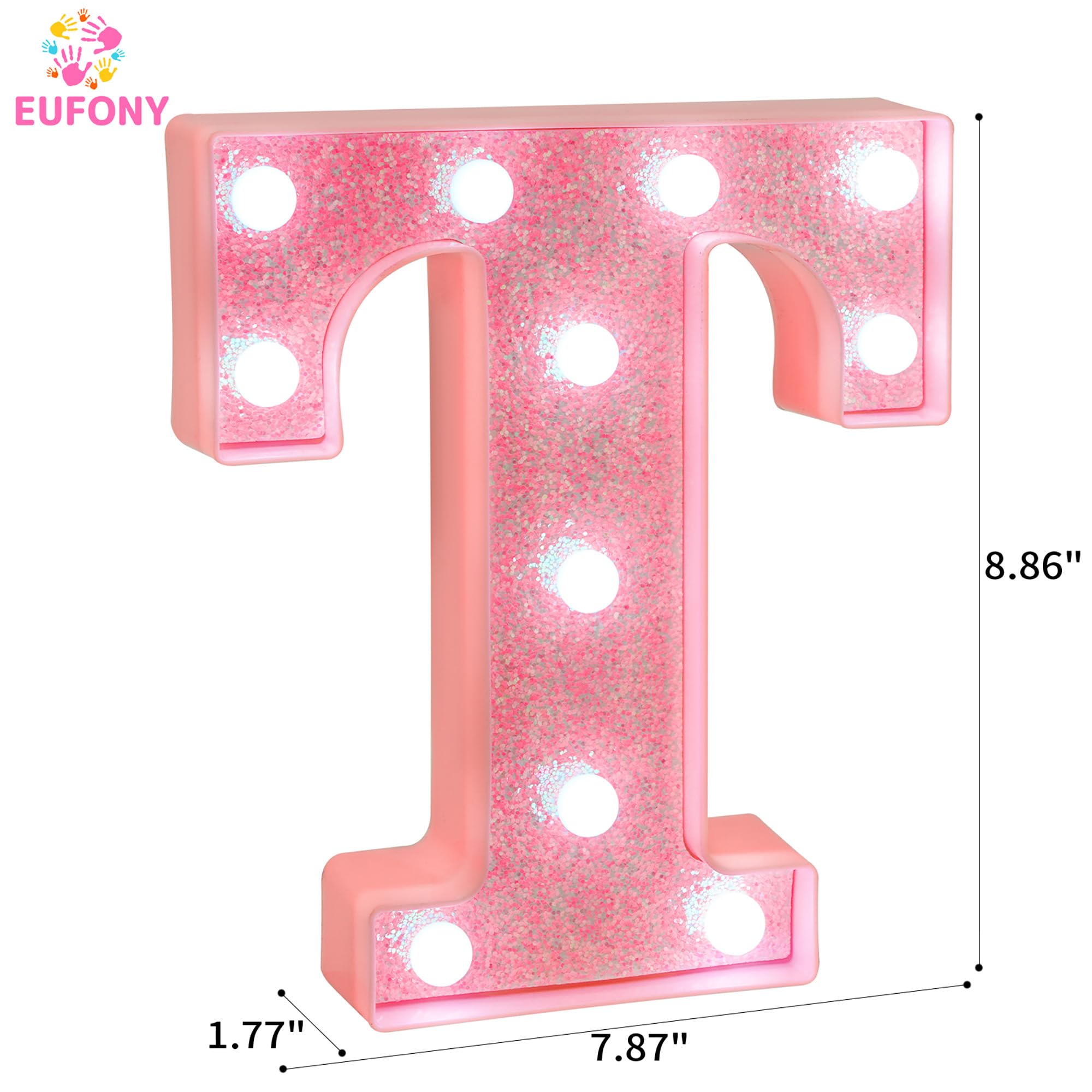 EUFONY Pink Glitter LED Marquee Light Up Letter T with Cool White Lights, Battery-Powered Alphabet Letter Sign for Girls Gift, B