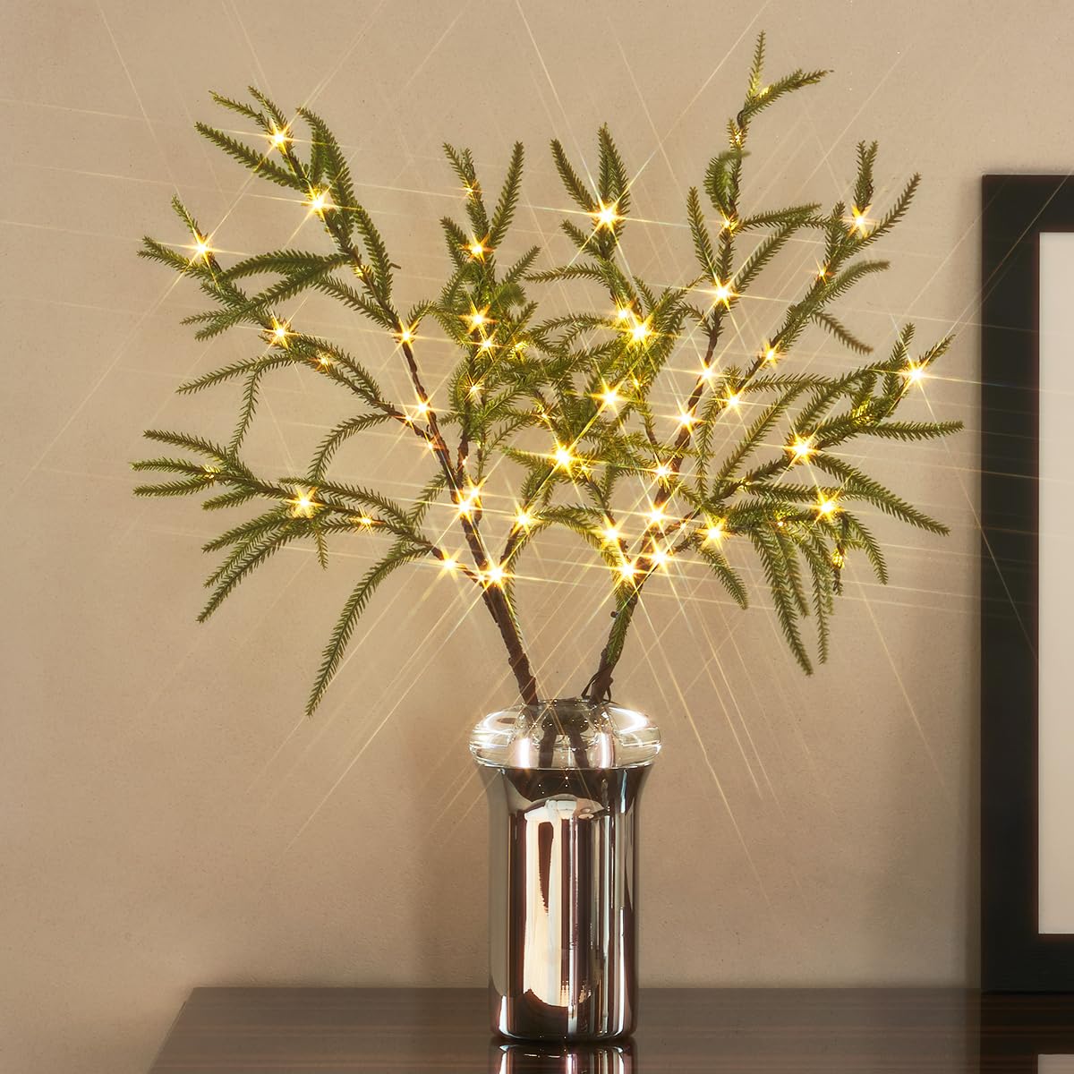 LITBLOOM Lighted Norfolk Pine Branches with 60 Fairy Lights, 32IN, Green, USB & Battery Operated for Christmas Decoration