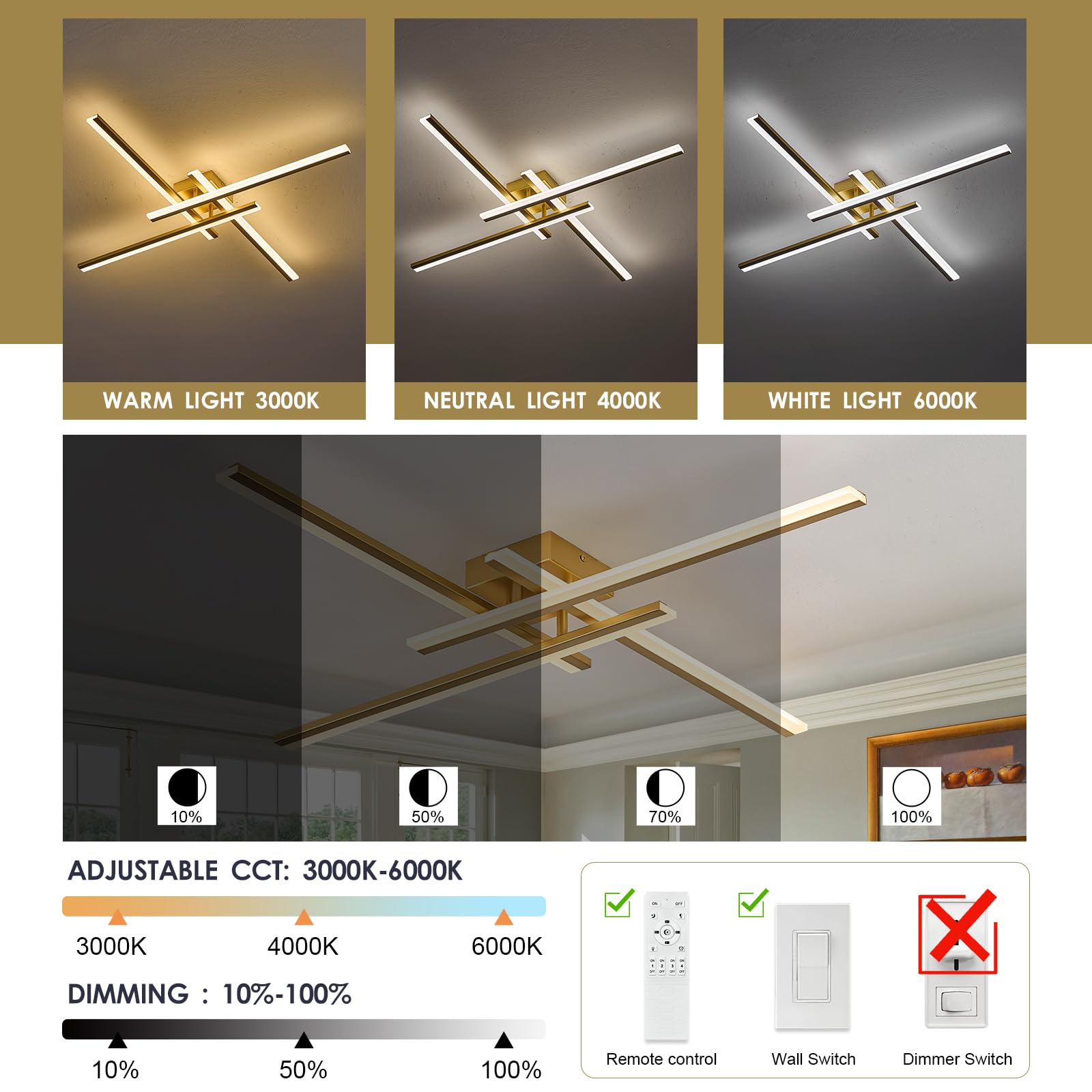 Airyphant Gold Modern Led Chandelier 4-Lights Semi-Flush Mount Ceiling Lighting Fixture 35.4  Dimmable Remote Control Ceiling Light For Living Room Bedroom Kitchen Foyer