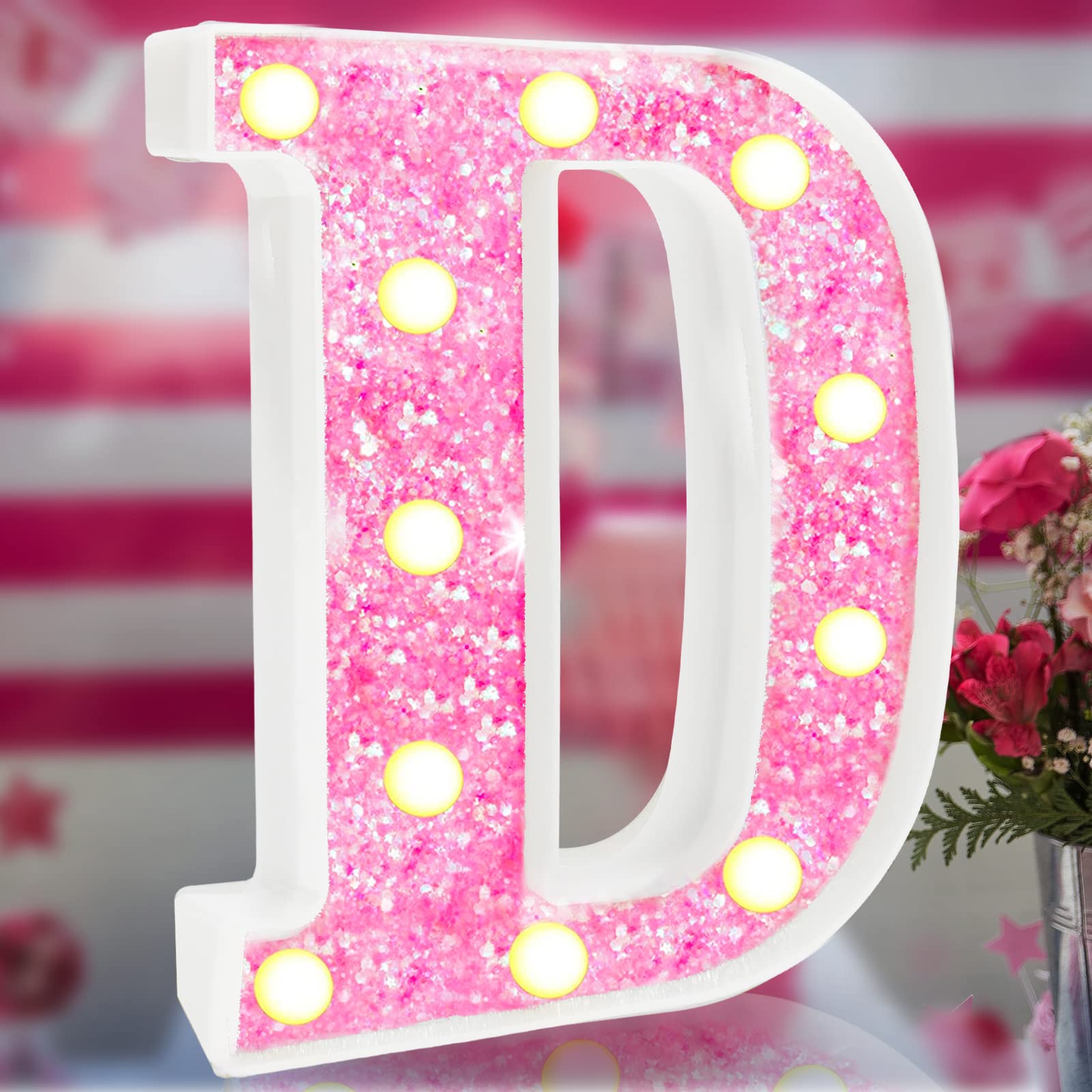 Elnsivo LED Marquee Letter Light, Pink Glittery Alphabet Sign, Battery Powered, Ideal for Weddings and Parties, Pink Letter D