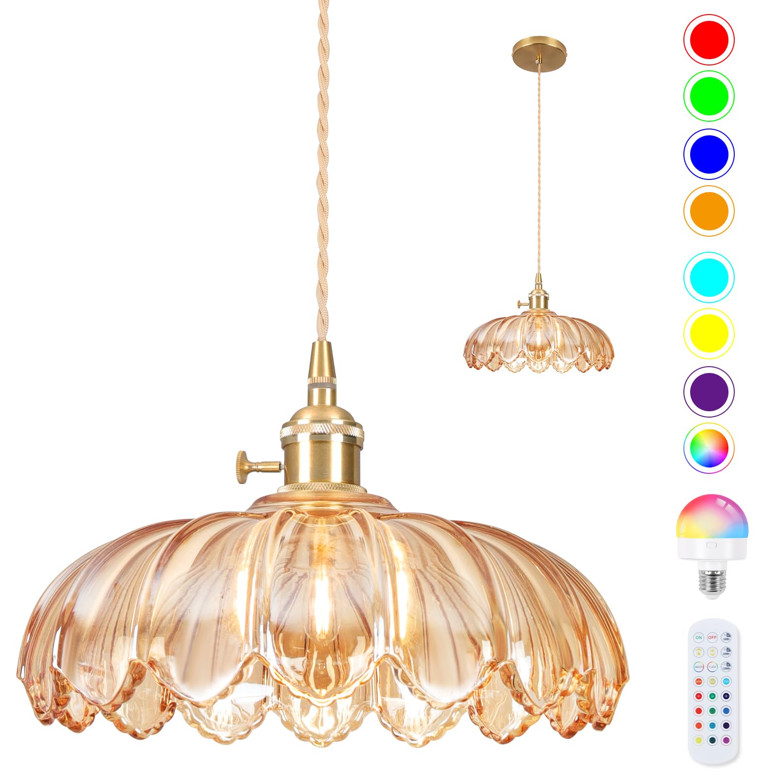 Loiogohot Battery Operated Pendant Light, RGB 9.8in, Glass, Peony Amber, Model PL-BN1178-CD-AM, Wireless, Adjustable, Rechargeable