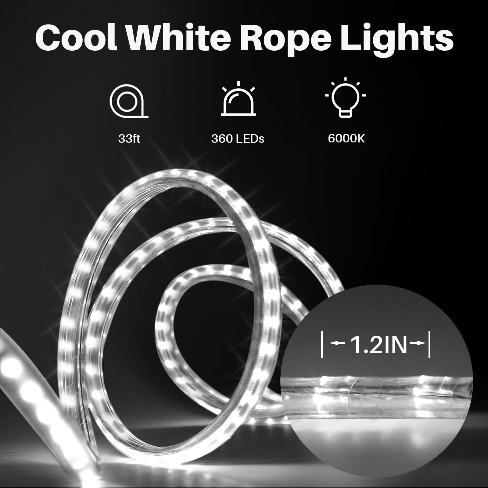 Shgpoda Led Rope Lights, 33Ft Cool White Waterproof Tube Light, 360 Leds, Plug-In Decorative Lighting For Indoor/Outdoor Use