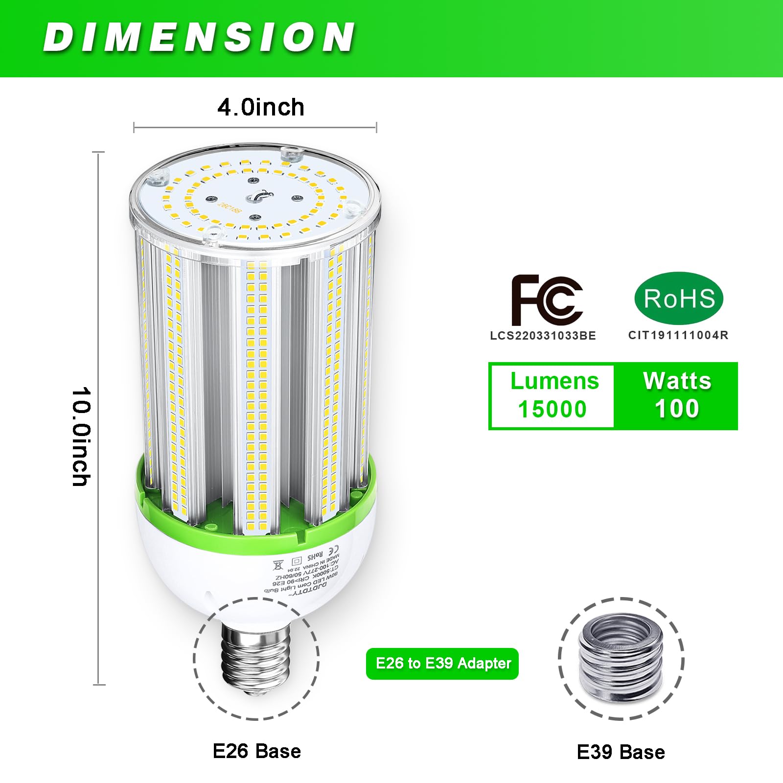 Djdtdty Amazon High Brightness 100W Led Light Bulb, E26 E39 Base Led Corn Lamp, 15000 Lumen 5000K Daylight 100V~277V Corn Cob Li