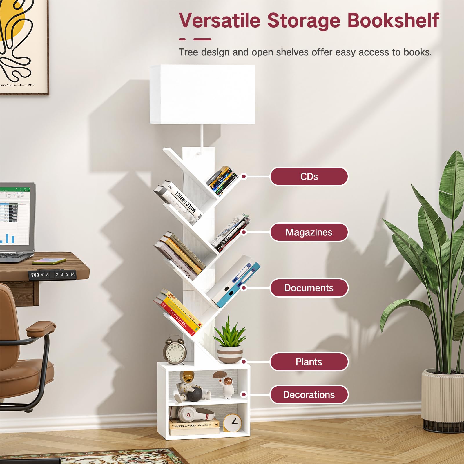Outonlife 9 Tier Tree Bookshelf With Lamp, Remote, Timer & Storage Cabinet, Dimmable Modern Tall Floor Standing Corner Book Shel