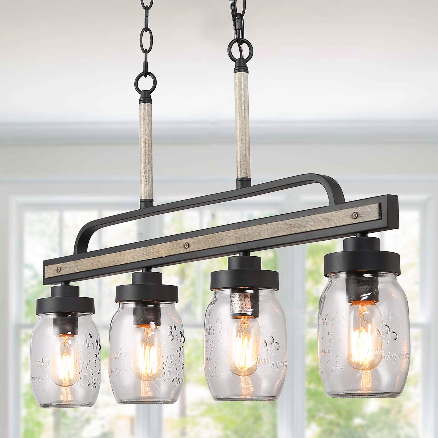 LOG BARN 4-Light Rustic Dining Room Chandelier, Metal Finish, Farmhouse Style with Glass Shades