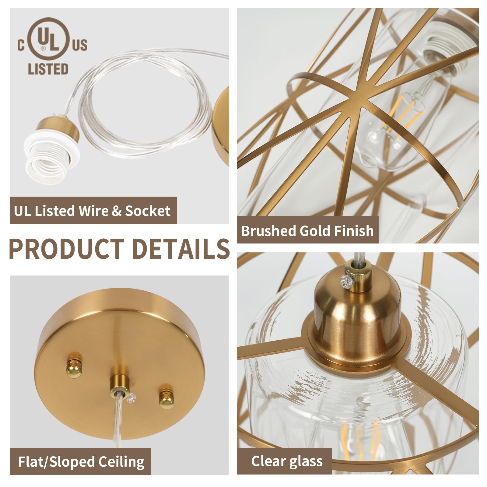 Zlierop Modern Pendant Light, Brushed Gold with Clear Glass Shade, 5.4" x 7.9", Ideal for Kitchen Island, Dining Room, Entryway